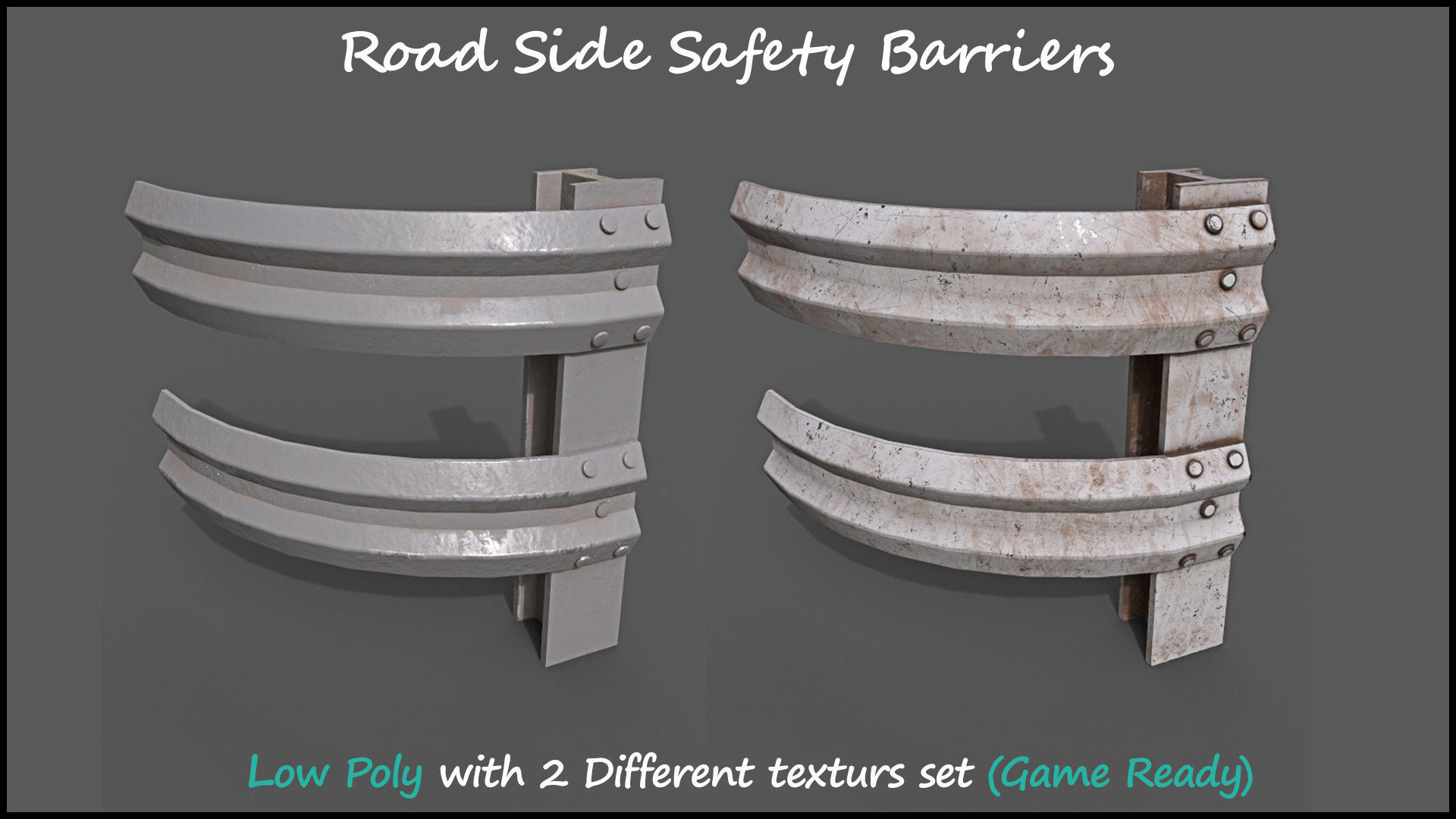 Low Poly Road Side Safety Barriers With 2 Texture Set Game Ready Low-poly 3D model_8