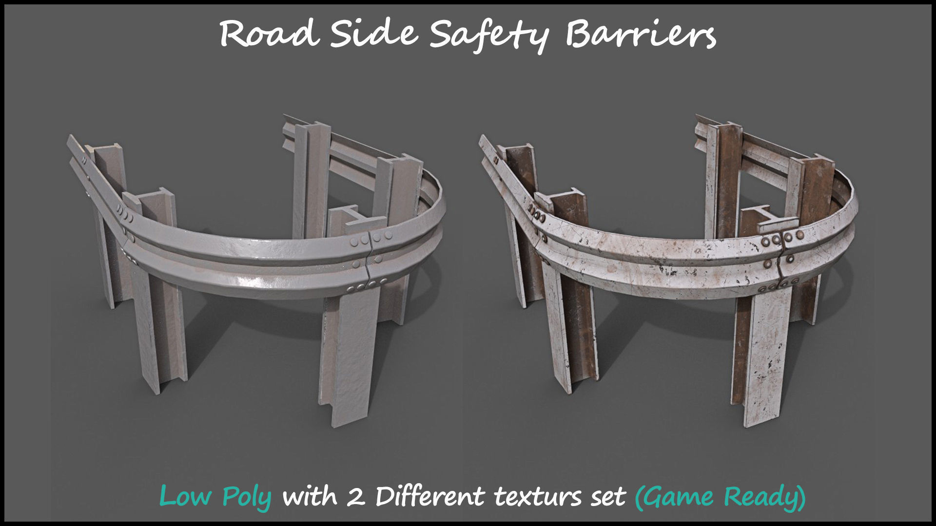 Low Poly Road Side Safety Barriers With 2 Texture Set Game Ready Low-poly 3D model_11