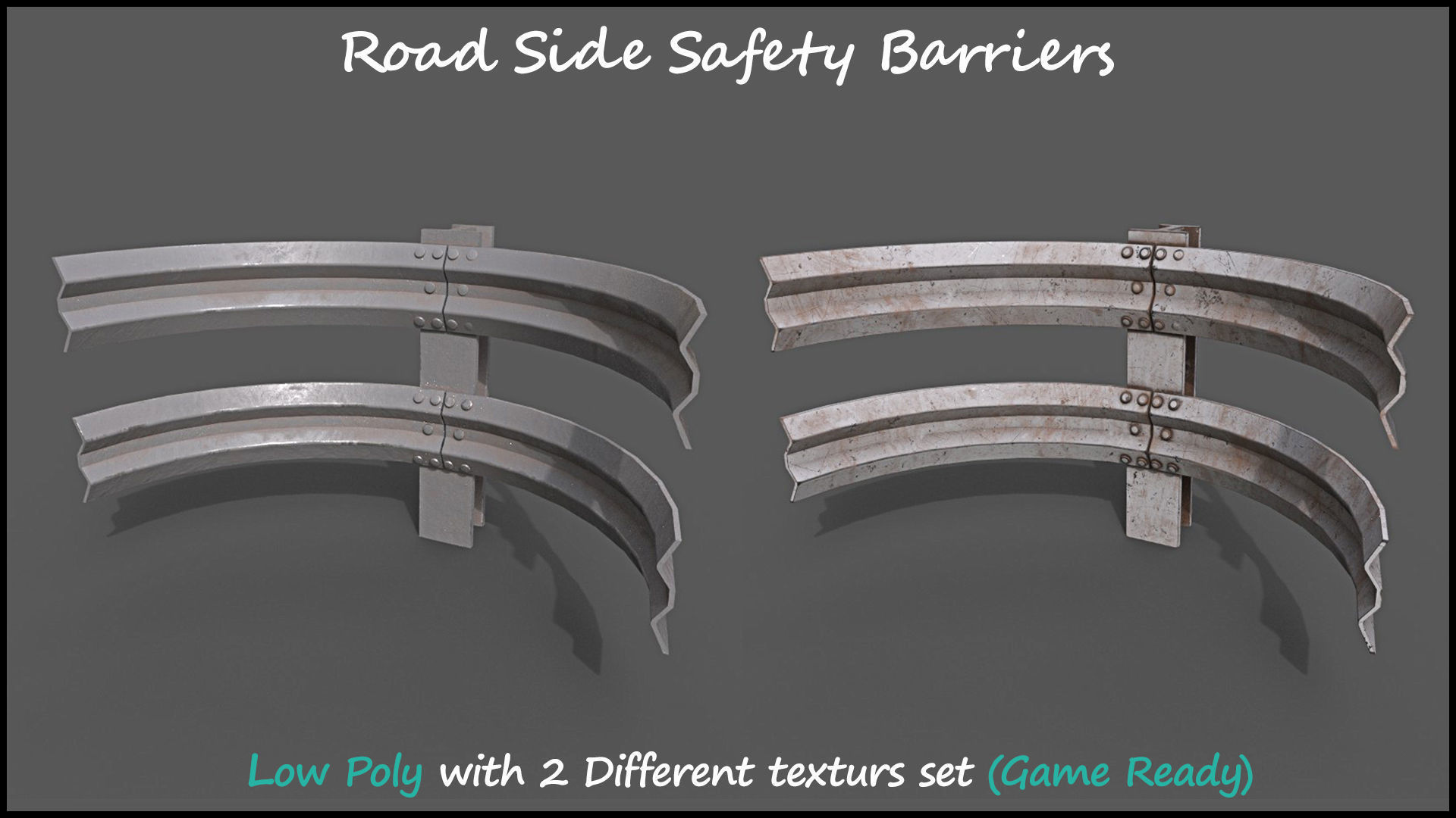 Low Poly Road Side Safety Barriers With 2 Texture Set Game Ready Low-poly 3D model_5