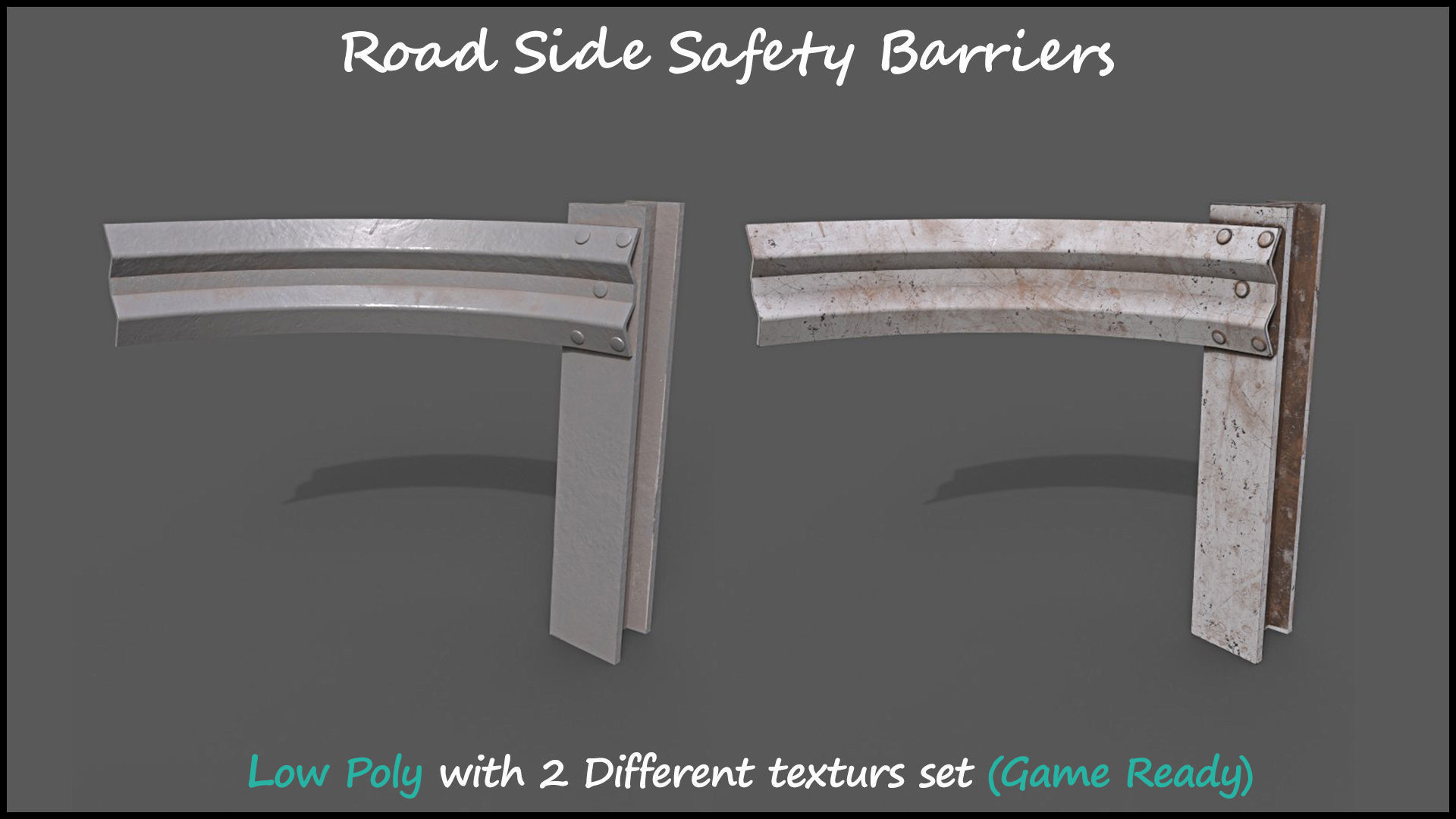 Low Poly Road Side Safety Barriers With 2 Texture Set Game Ready Low-poly 3D model_4
