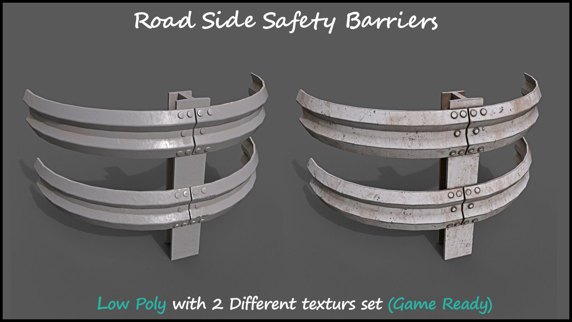 Low Poly Road Side Safety Barriers With 2 Texture Set Game Ready Low-poly 3D model_10