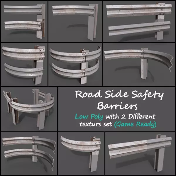 Low Poly Road Side Safety Barriers With 2 Texture Set Game Ready Low-poly 3D model_0