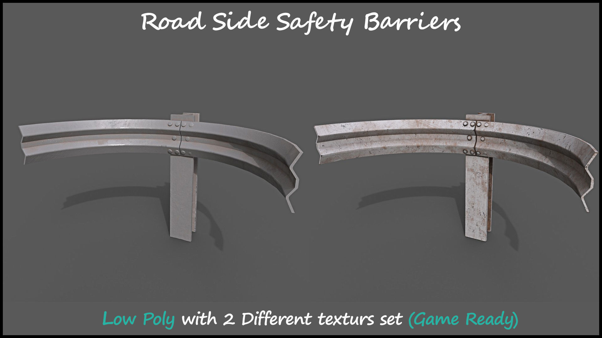 Low Poly Road Side Safety Barriers With 2 Texture Set Game Ready Low-poly 3D model_6
