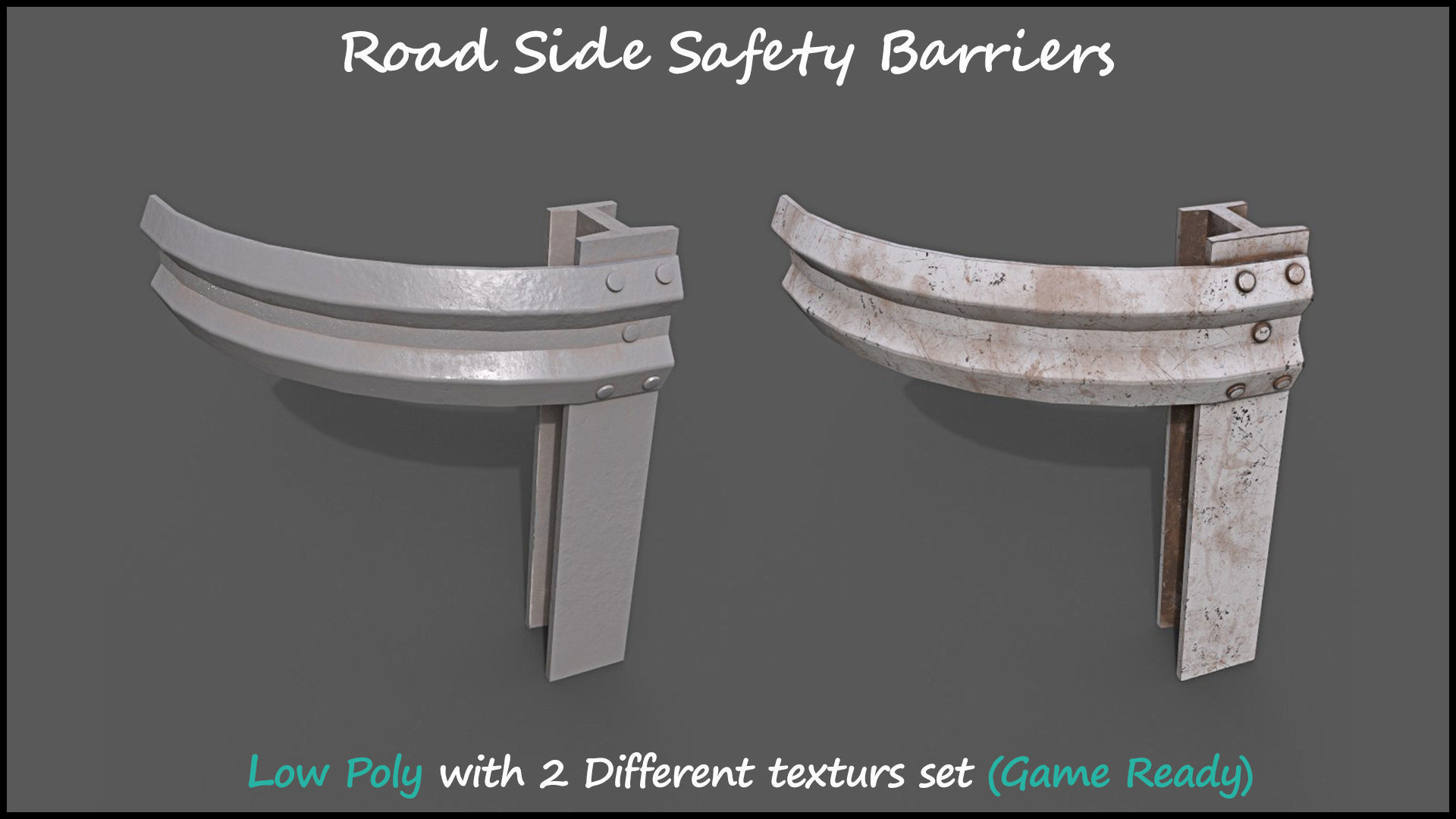 Low Poly Road Side Safety Barriers With 2 Texture Set Game Ready Low-poly 3D model_7