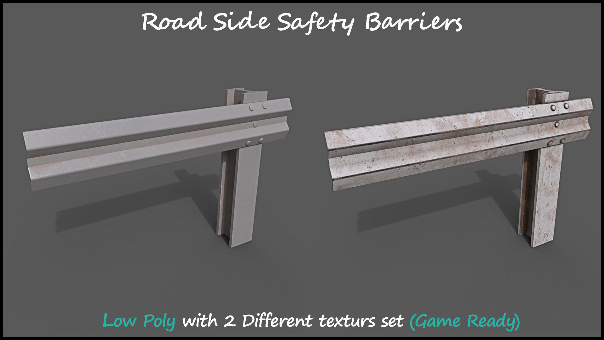 Low Poly Road Side Safety Barriers With 2 Texture Set Game Ready Low-poly 3D model_9