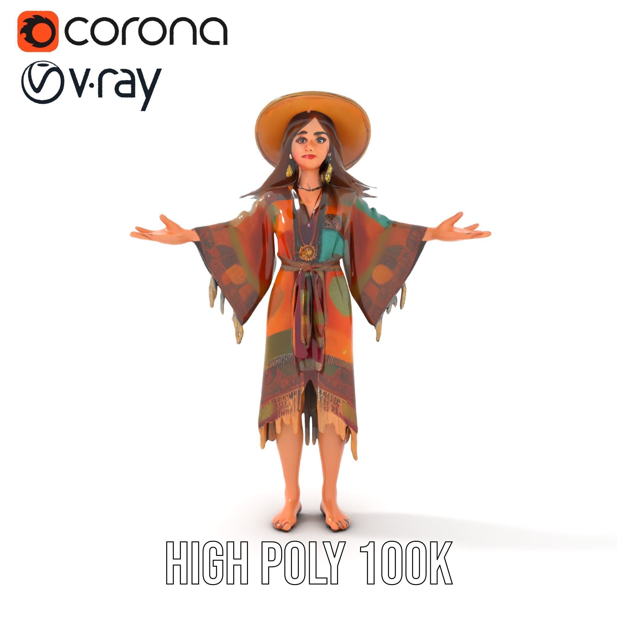 Bohemian Woman Character Model  Rigged and Animated Low-poly 3D model_21