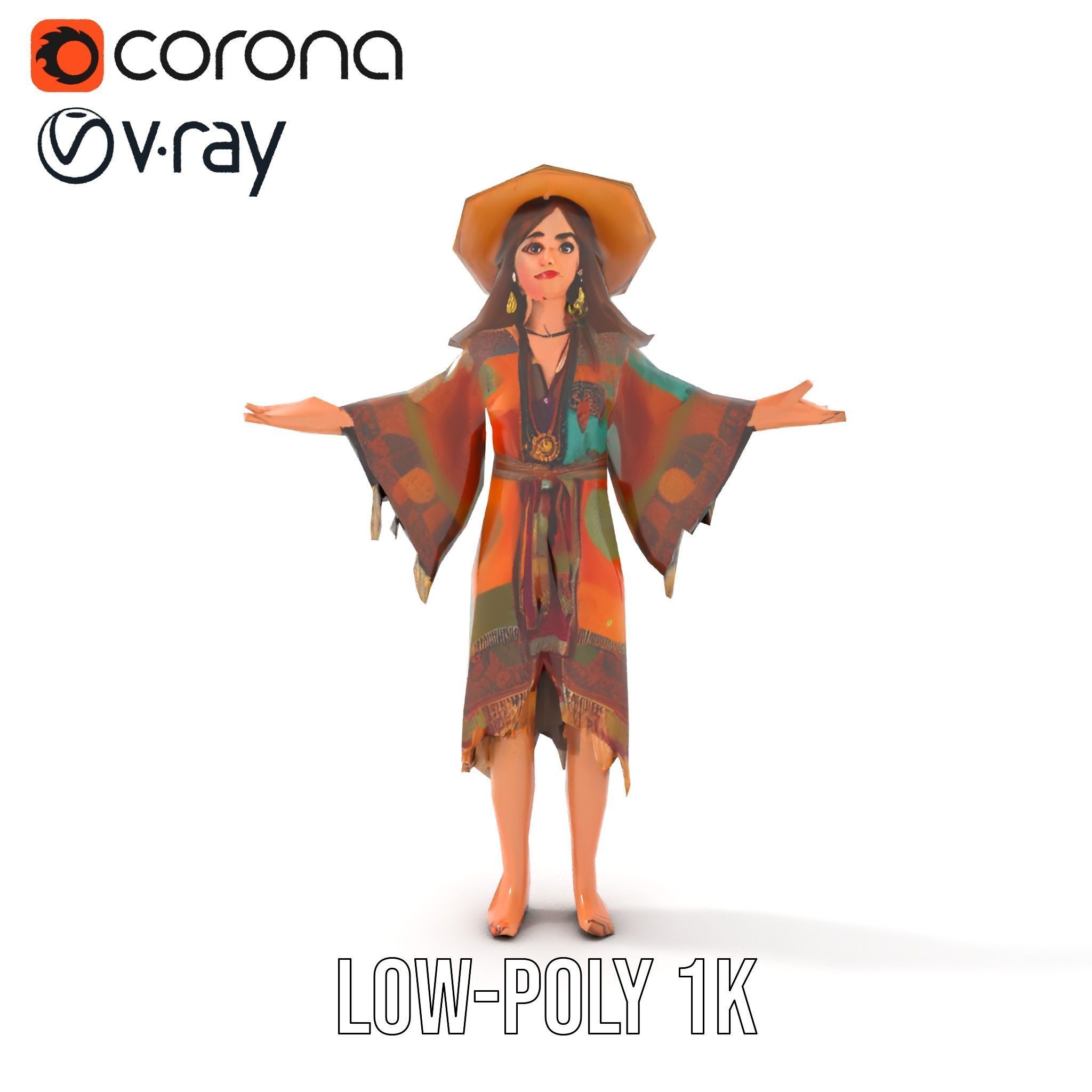 Bohemian Woman Character Model  Rigged and Animated Low-poly 3D model_12