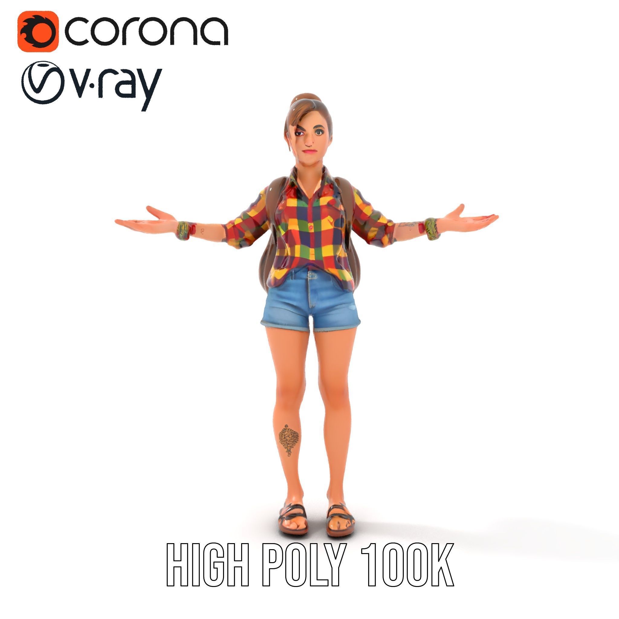 Casual Female Explorer Rigged and Animated Character Model Low-poly 3D model_10