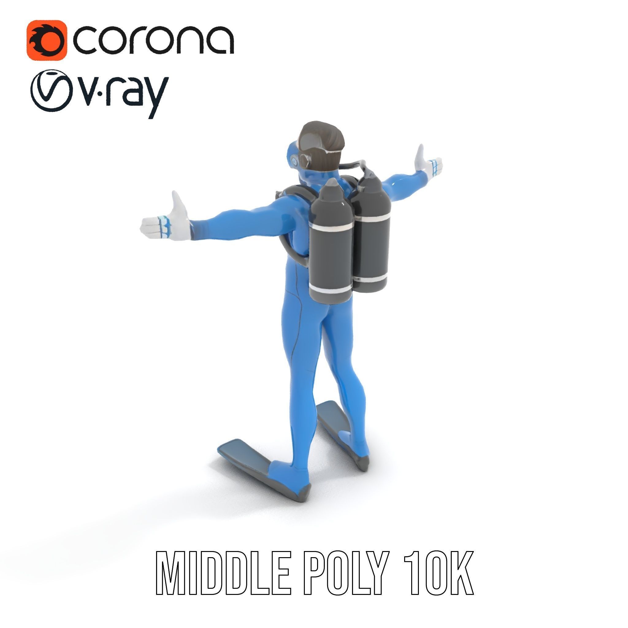 Rigged and Animated Scuba Diver Character Model in Blue Suit Low-poly 3D model_33