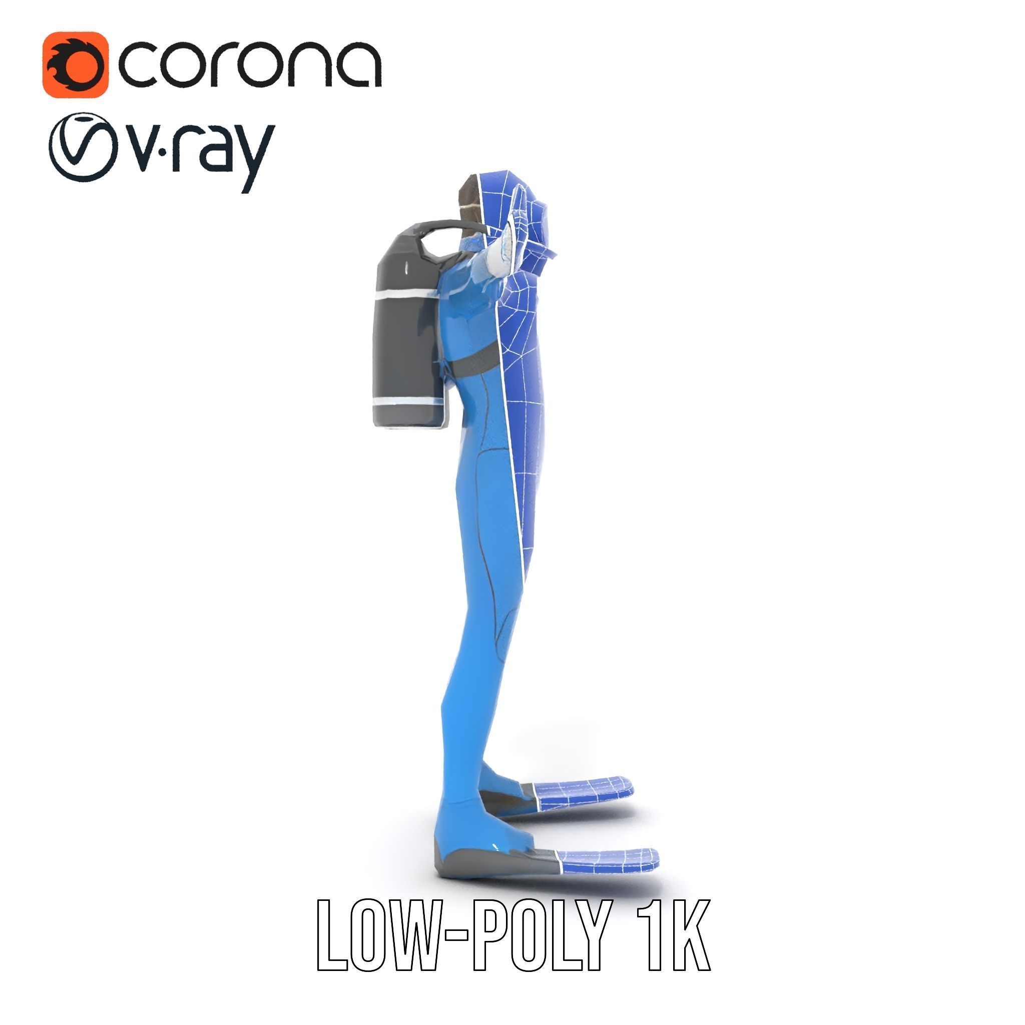 Rigged and Animated Scuba Diver Character Model in Blue Suit Low-poly 3D model_29