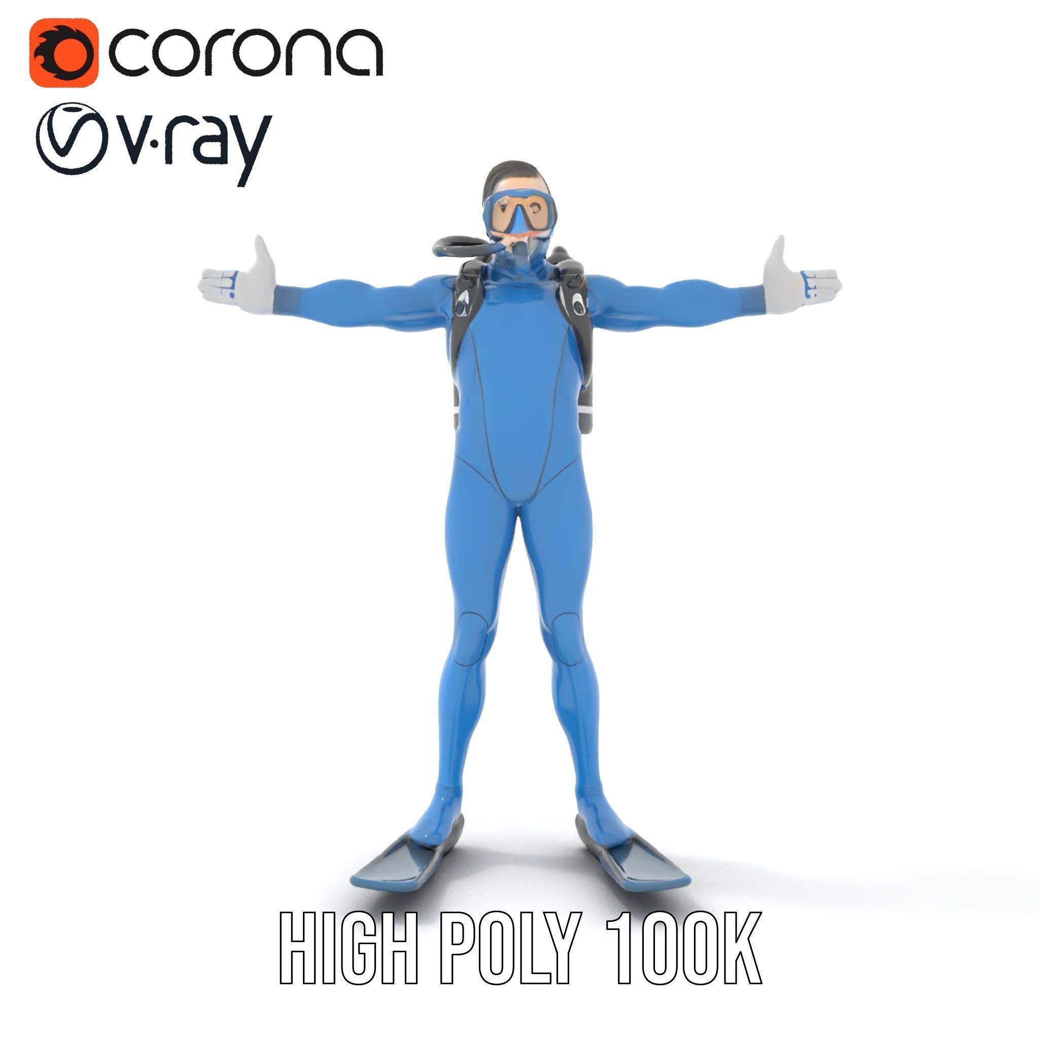 Rigged and Animated Scuba Diver Character Model in Blue Suit Low-poly 3D model_21
