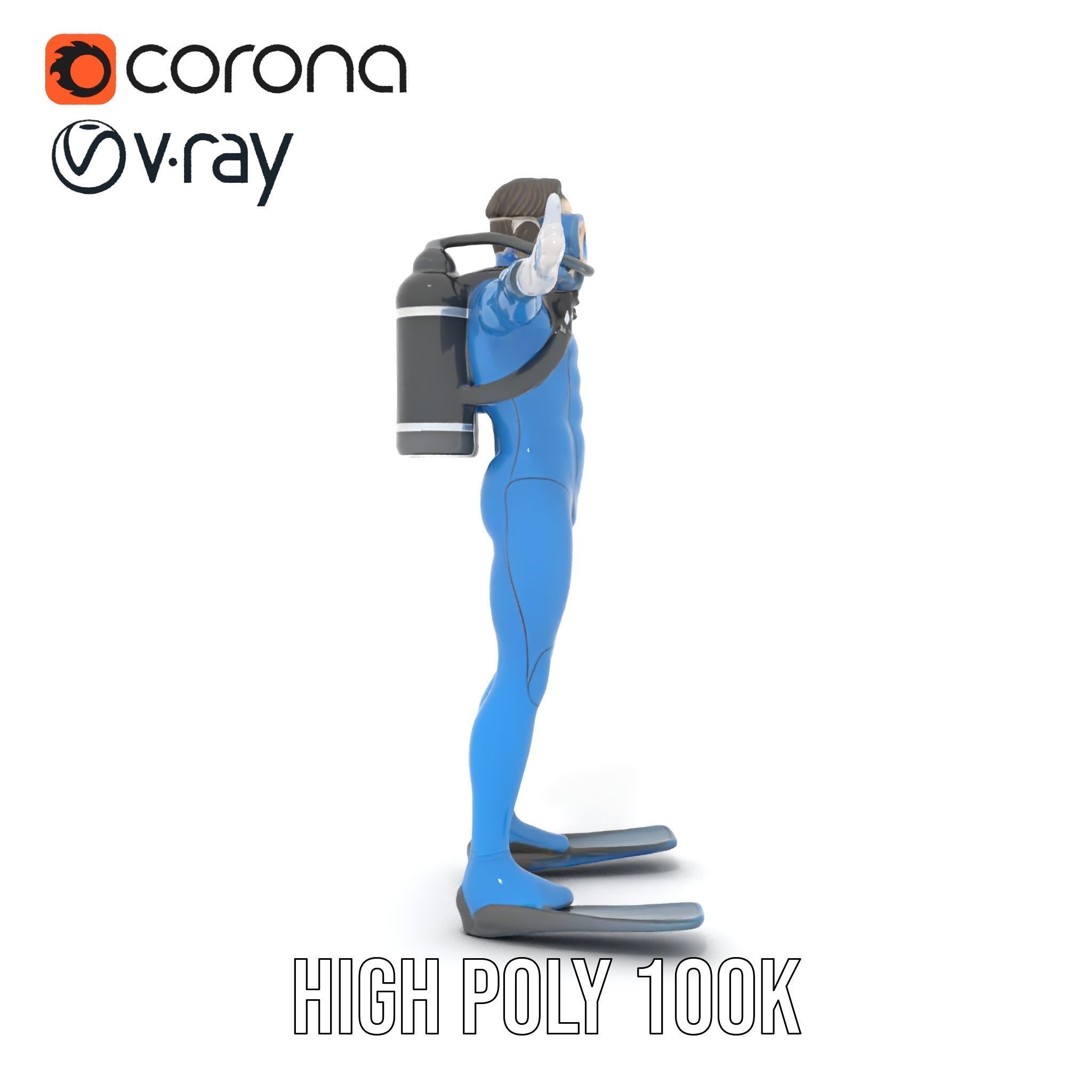 Rigged and Animated Scuba Diver Character Model in Blue Suit Low-poly 3D model_27