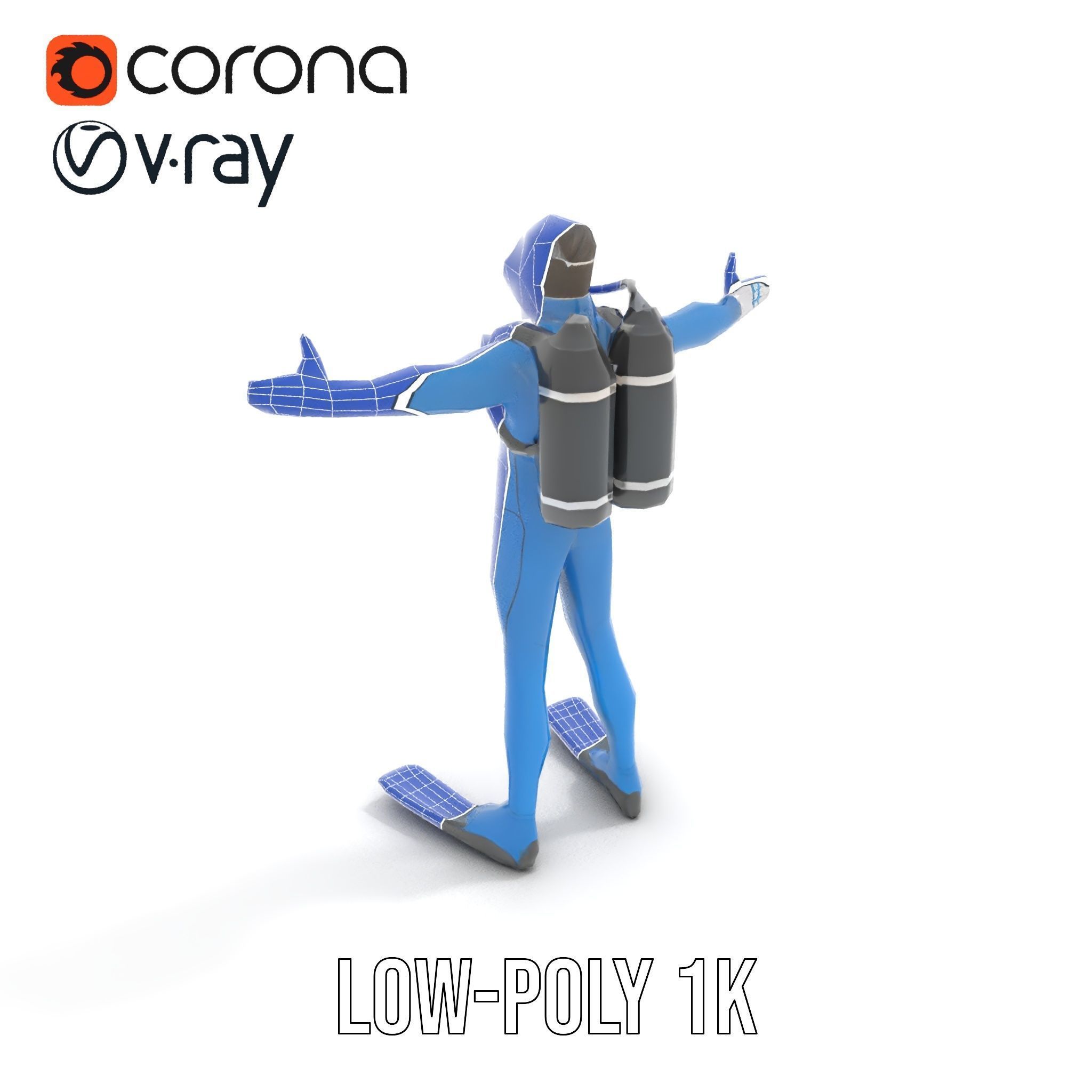 Rigged and Animated Scuba Diver Character Model in Blue Suit Low-poly 3D model_15