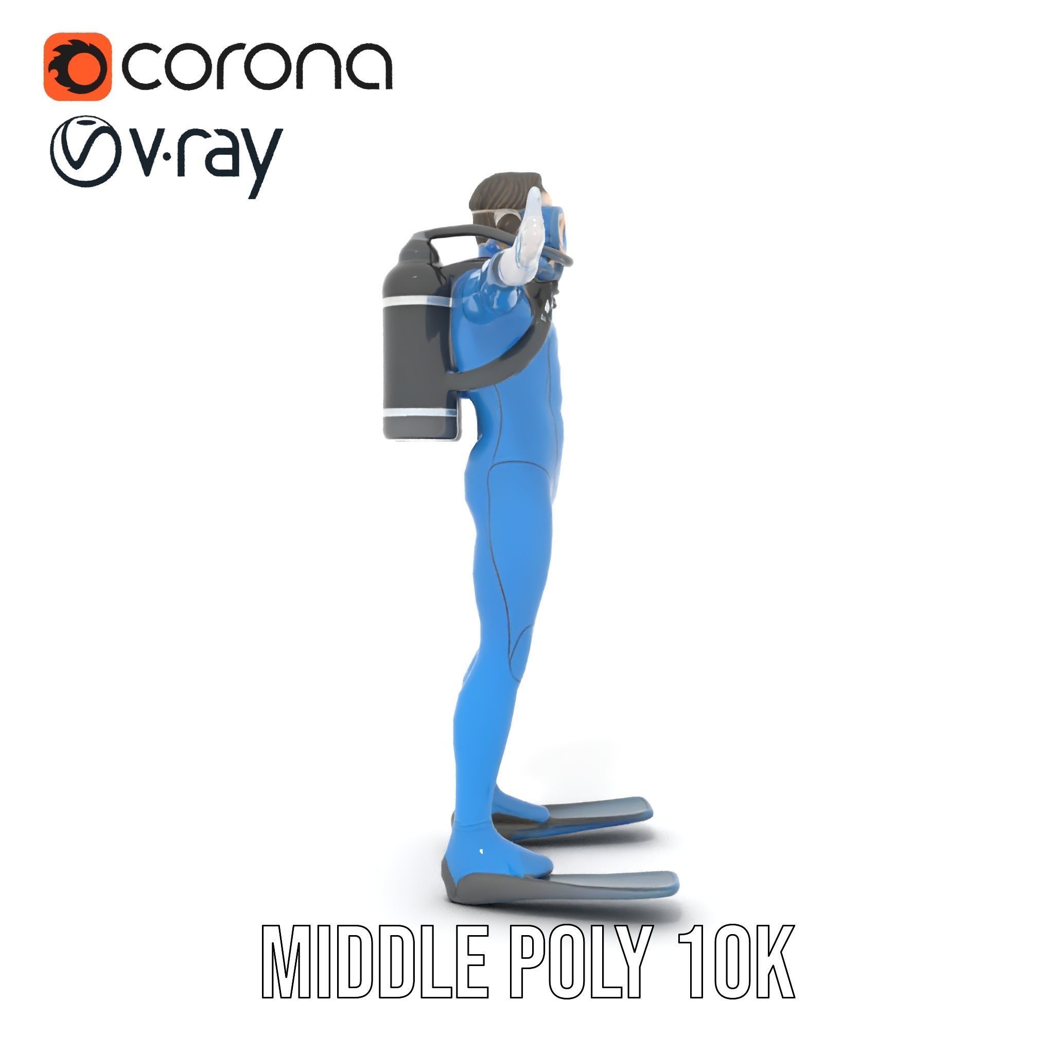 Rigged and Animated Scuba Diver Character Model in Blue Suit Low-poly 3D model_16