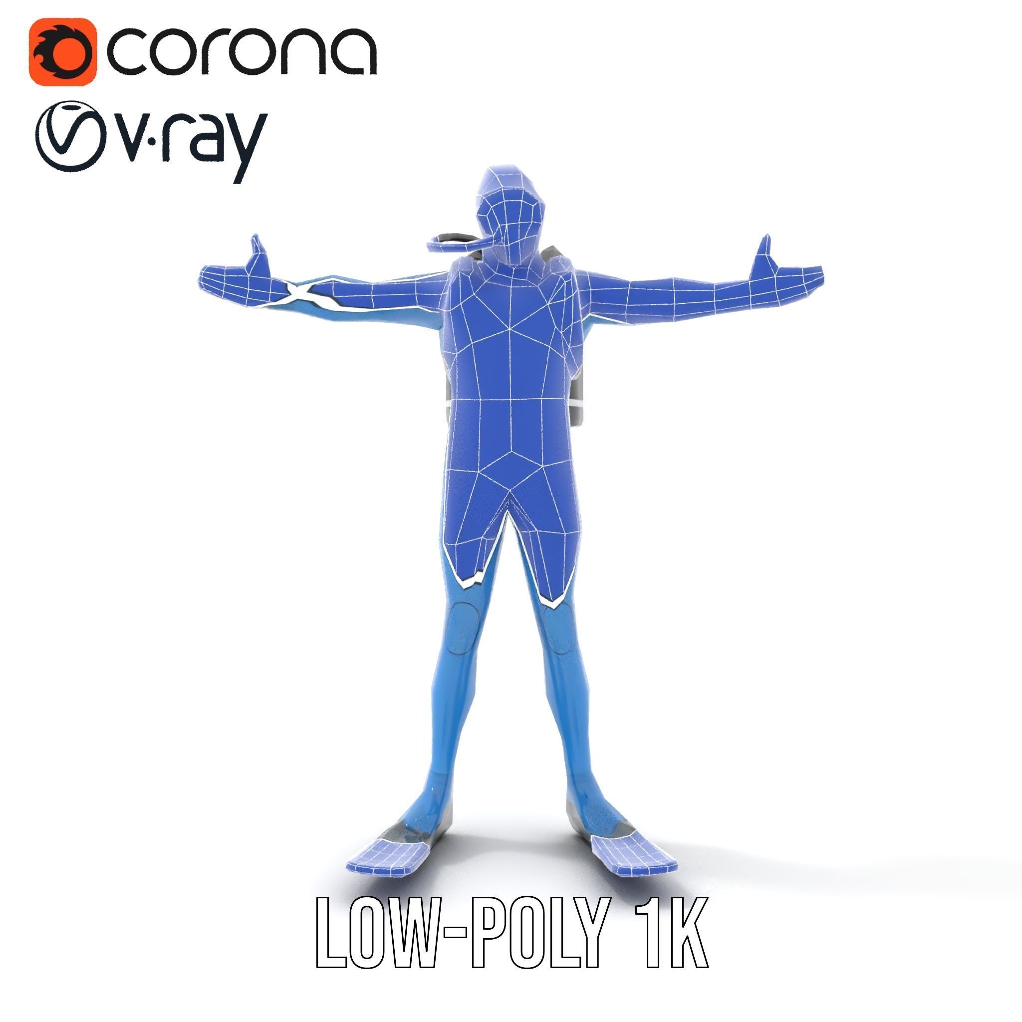 Rigged and Animated Scuba Diver Character Model in Blue Suit Low-poly 3D model_31