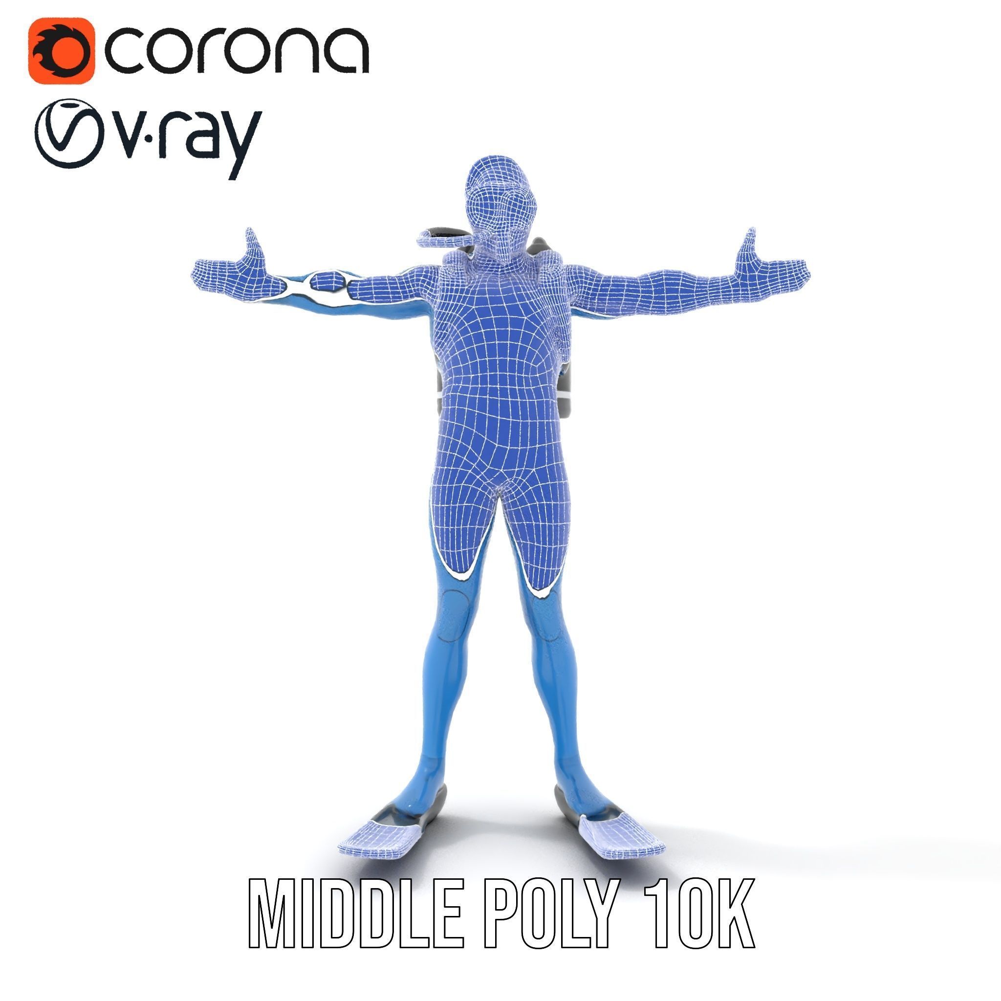 Rigged and Animated Scuba Diver Character Model in Blue Suit Low-poly 3D model_25