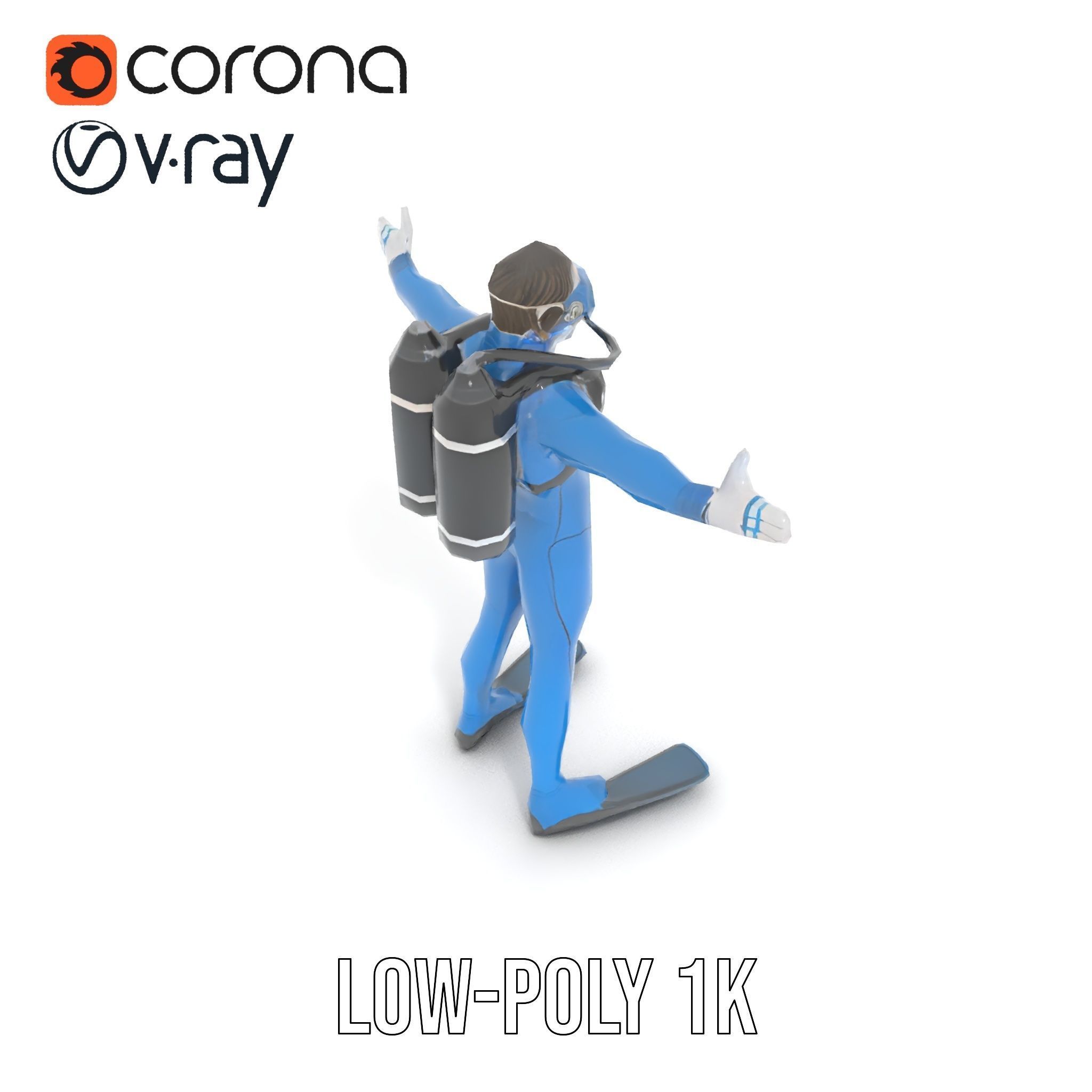 Rigged and Animated Scuba Diver Character Model in Blue Suit Low-poly 3D model_9