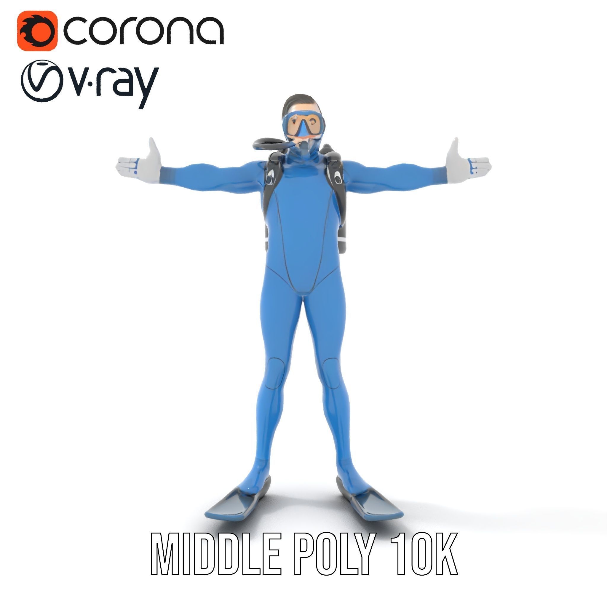 Rigged and Animated Scuba Diver Character Model in Blue Suit Low-poly 3D model_28