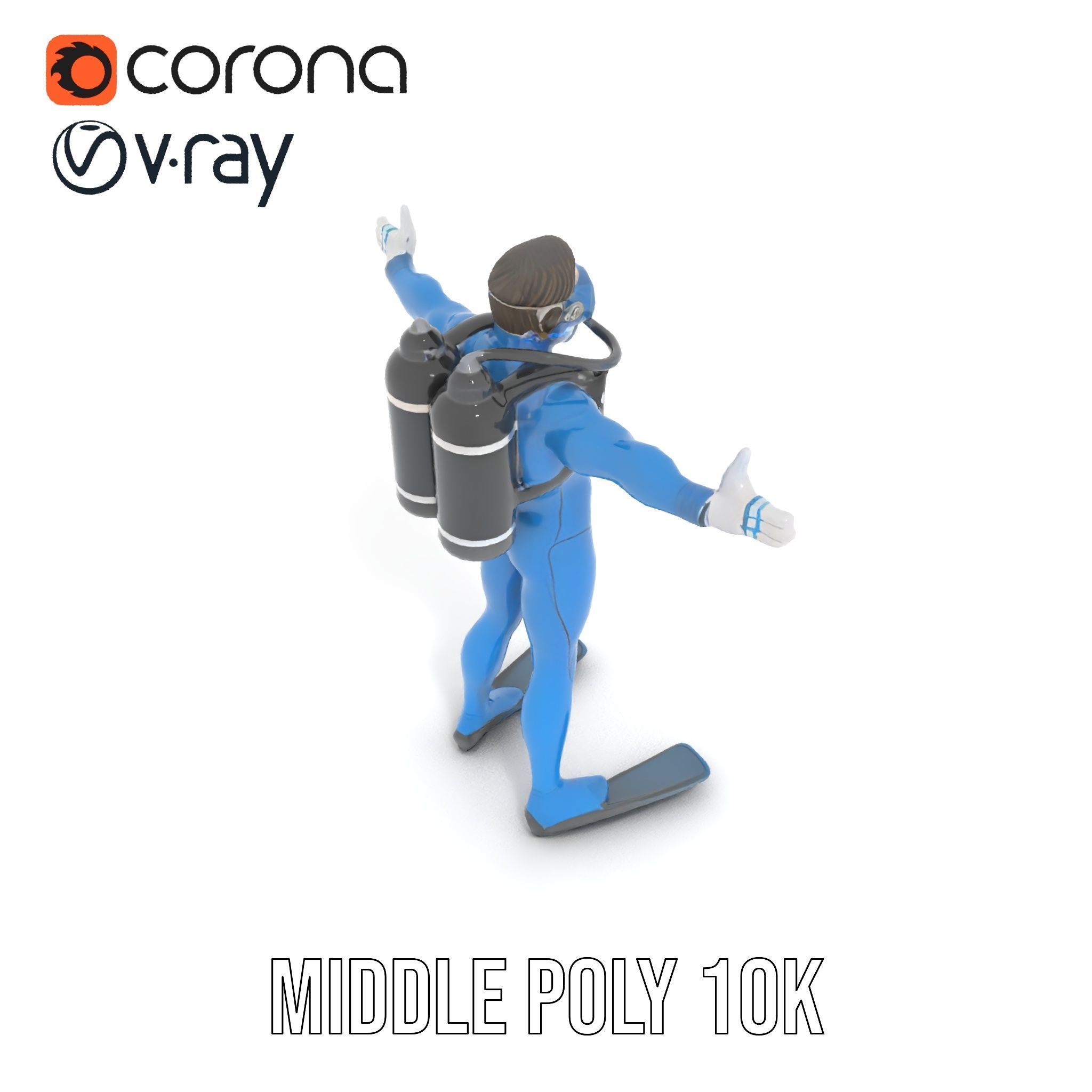 Rigged and Animated Scuba Diver Character Model in Blue Suit Low-poly 3D model_19