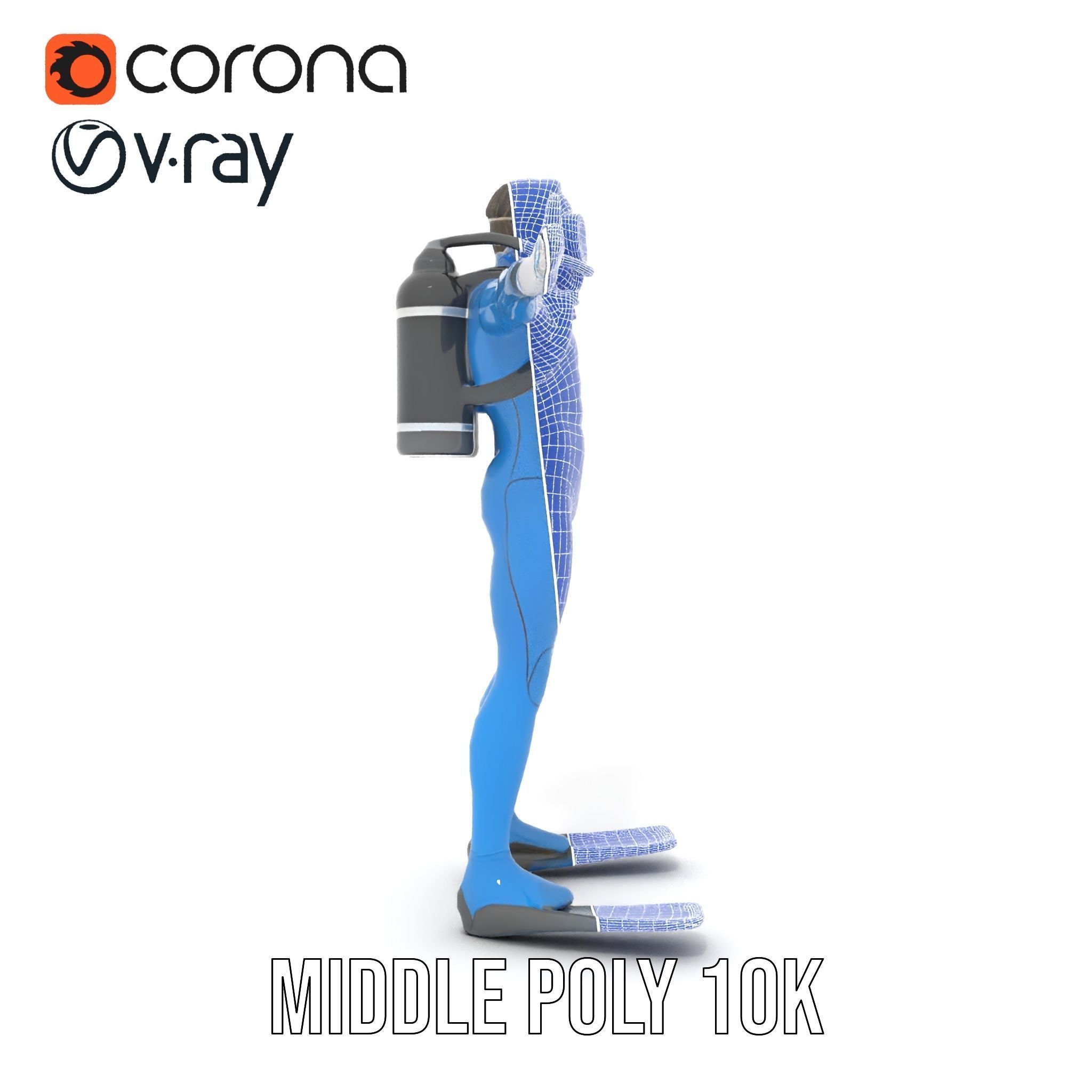 Rigged and Animated Scuba Diver Character Model in Blue Suit Low-poly 3D model_35