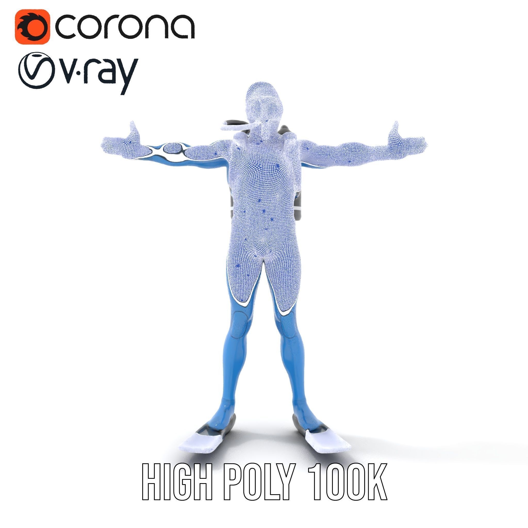 Rigged and Animated Scuba Diver Character Model in Blue Suit Low-poly 3D model_34