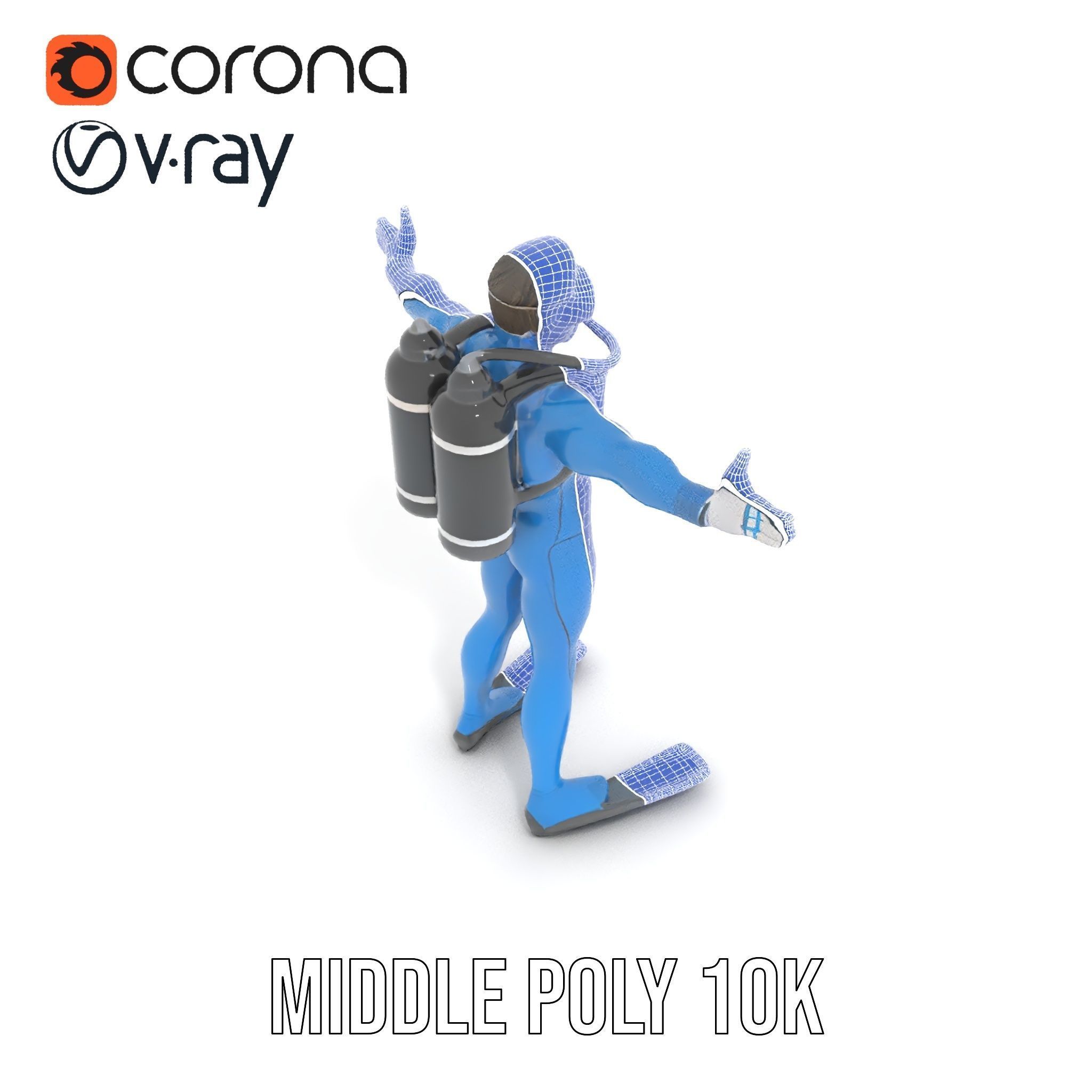 Rigged and Animated Scuba Diver Character Model in Blue Suit Low-poly 3D model_22