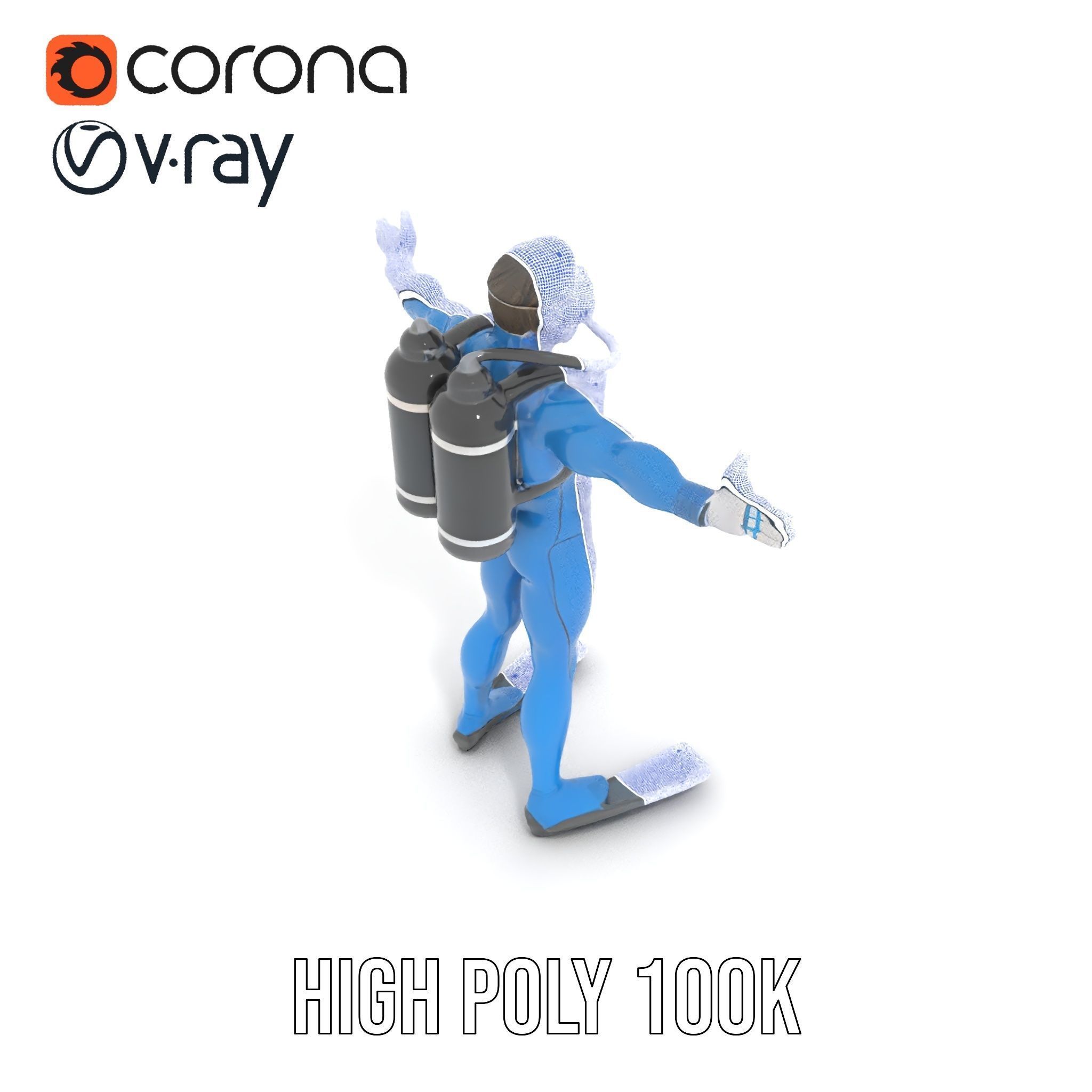 Rigged and Animated Scuba Diver Character Model in Blue Suit Low-poly 3D model_32
