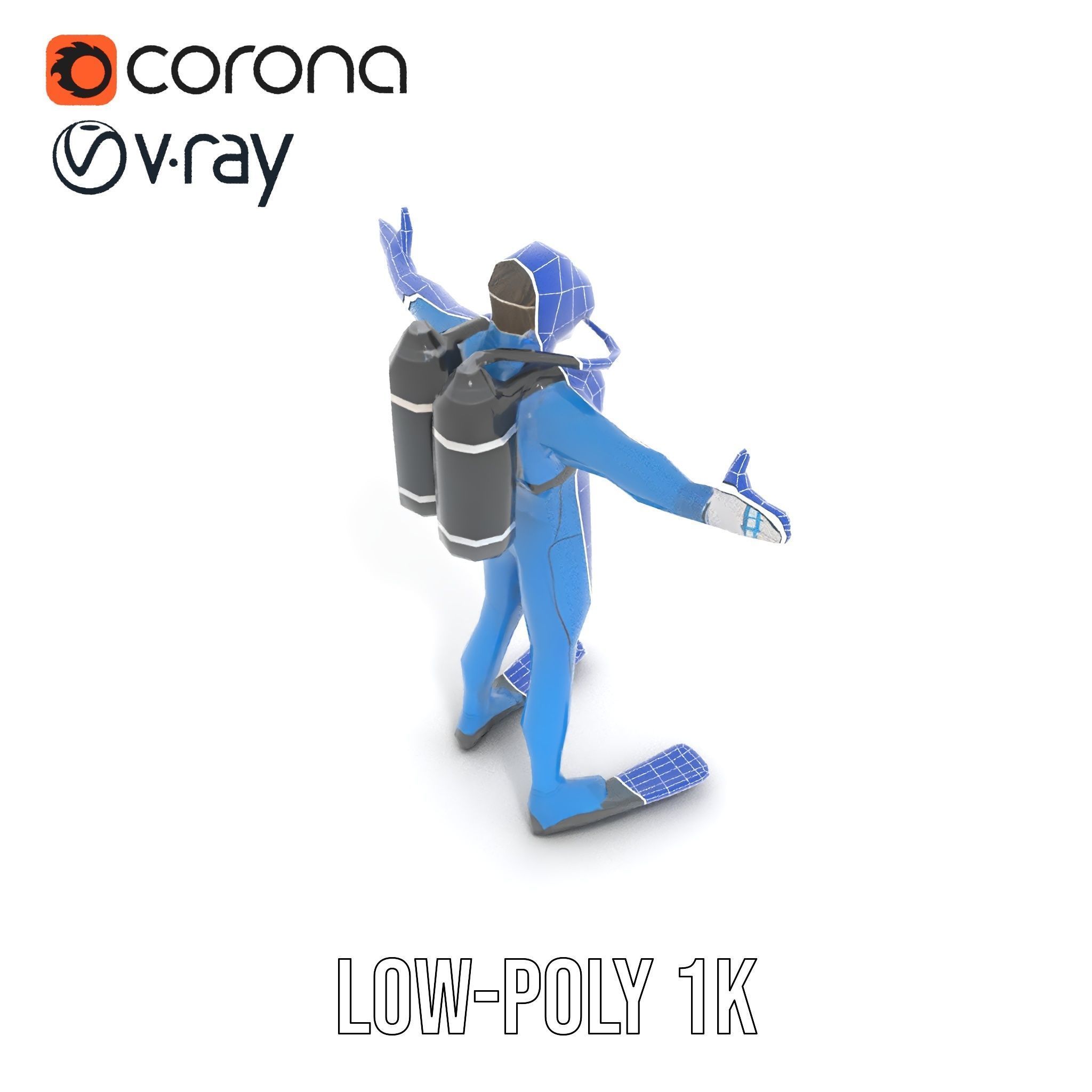 Rigged and Animated Scuba Diver Character Model in Blue Suit Low-poly 3D model_26