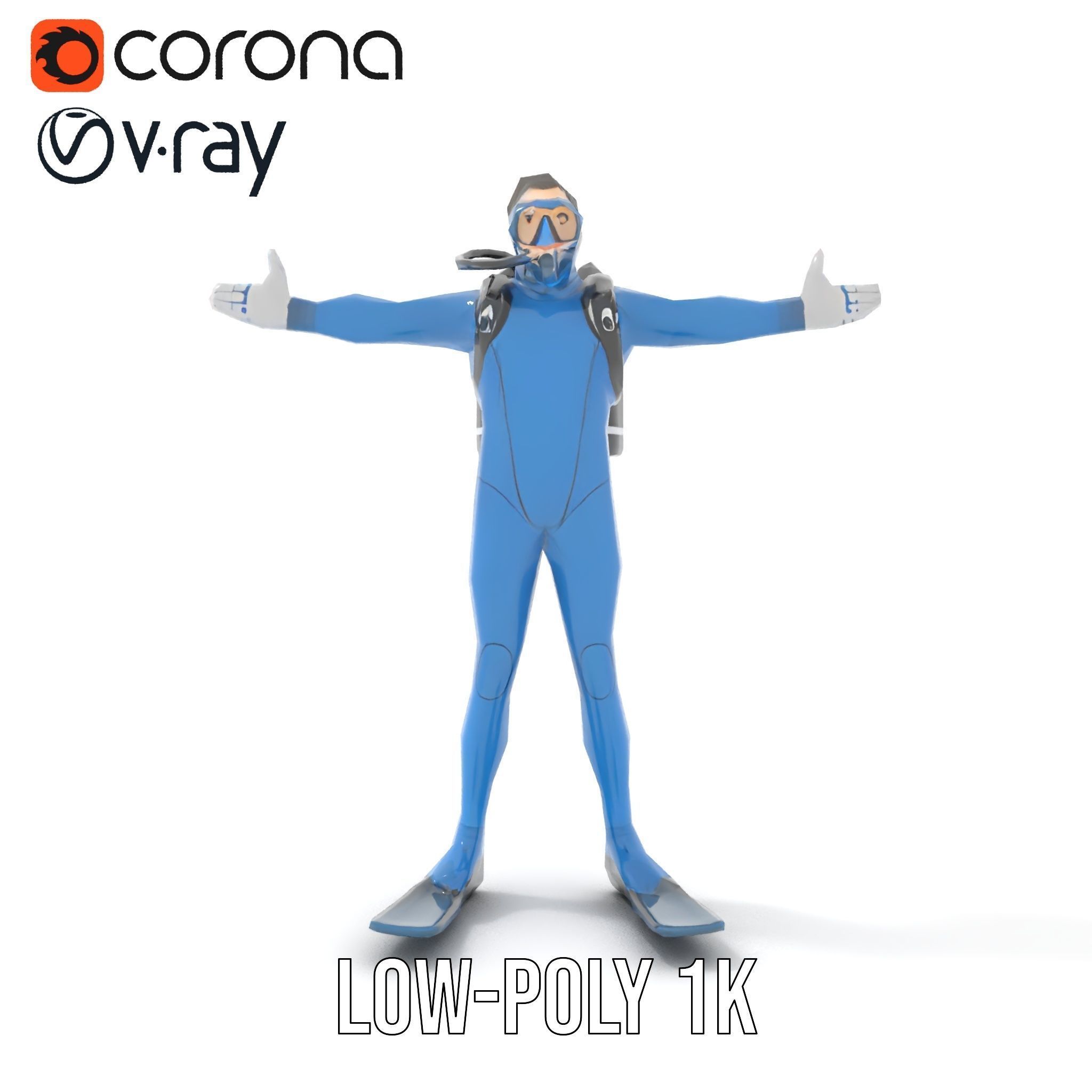 Rigged and Animated Scuba Diver Character Model in Blue Suit Low-poly 3D model_20