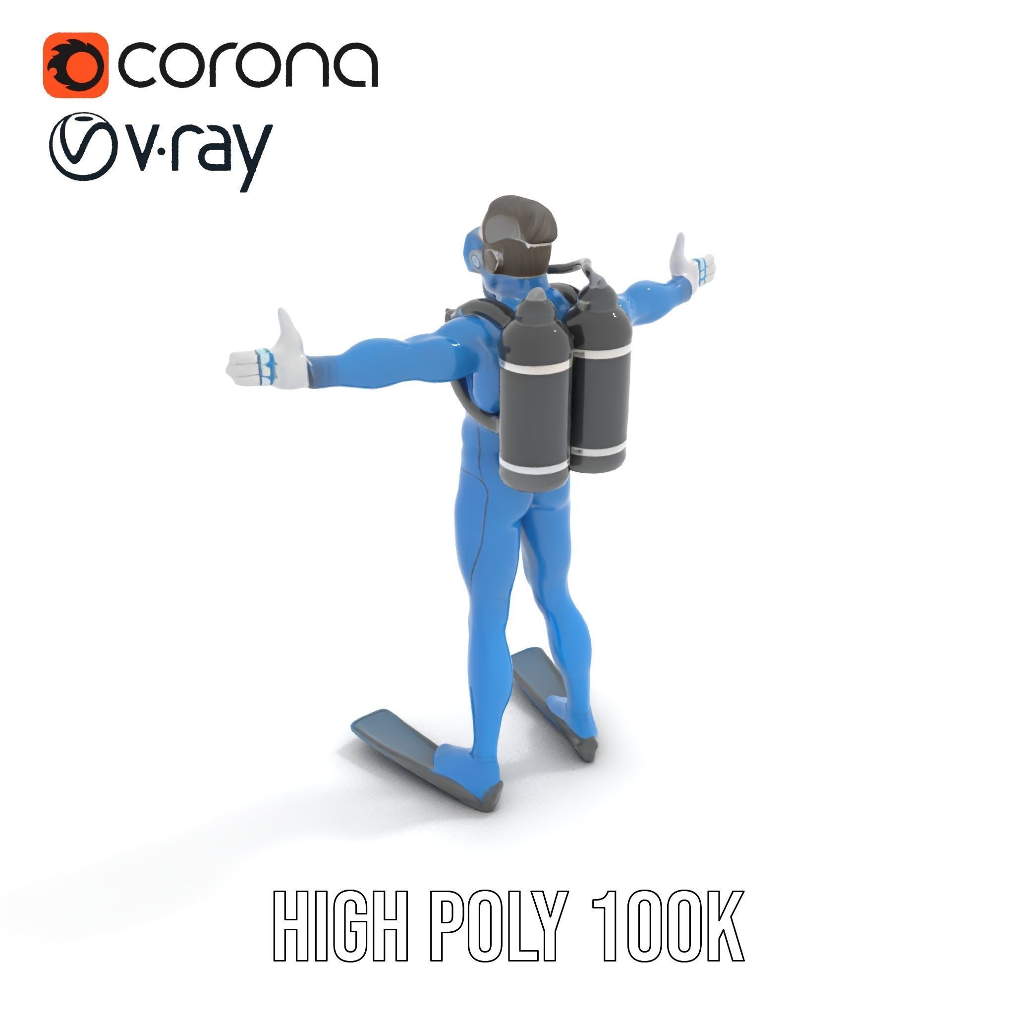 Rigged and Animated Scuba Diver Character Model in Blue Suit Low-poly 3D model_24