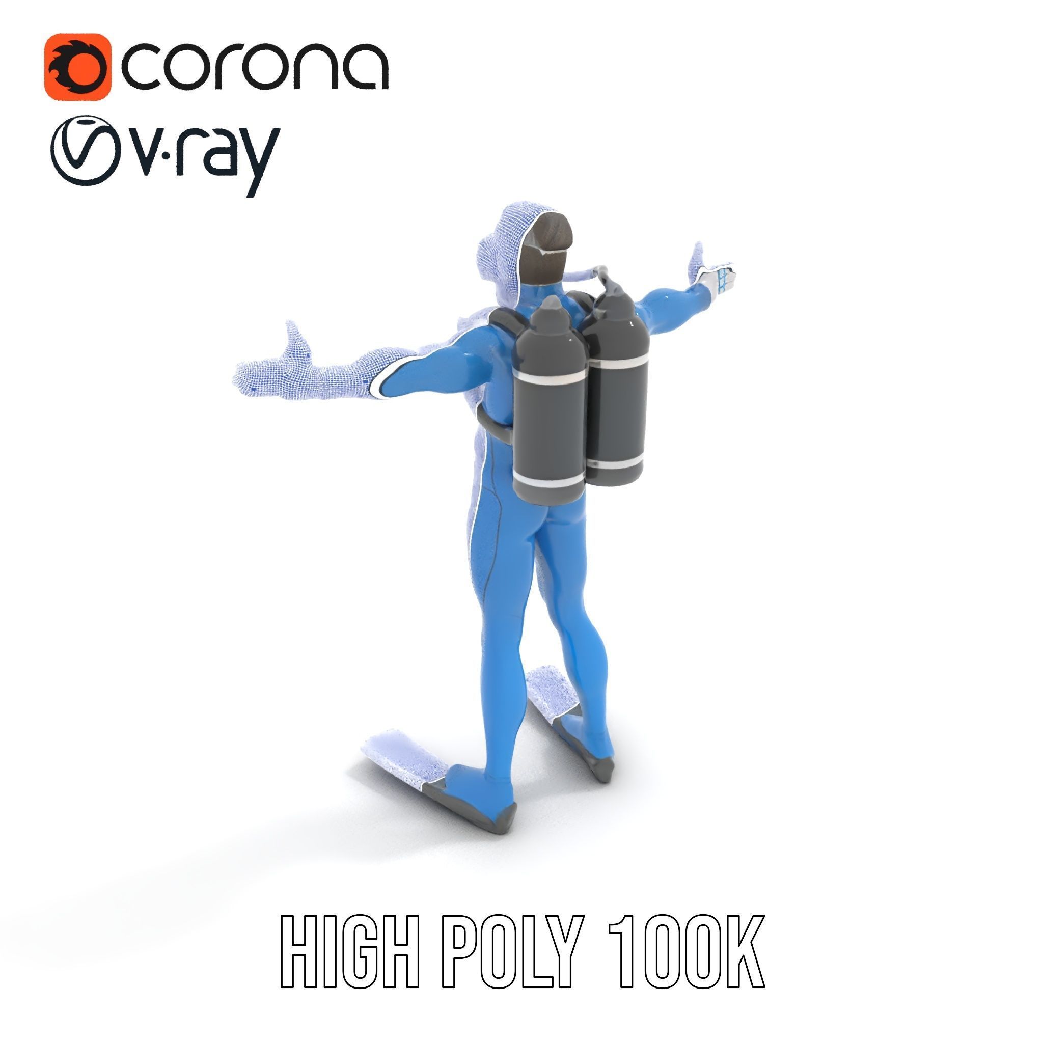 Rigged and Animated Scuba Diver Character Model in Blue Suit Low-poly 3D model_18