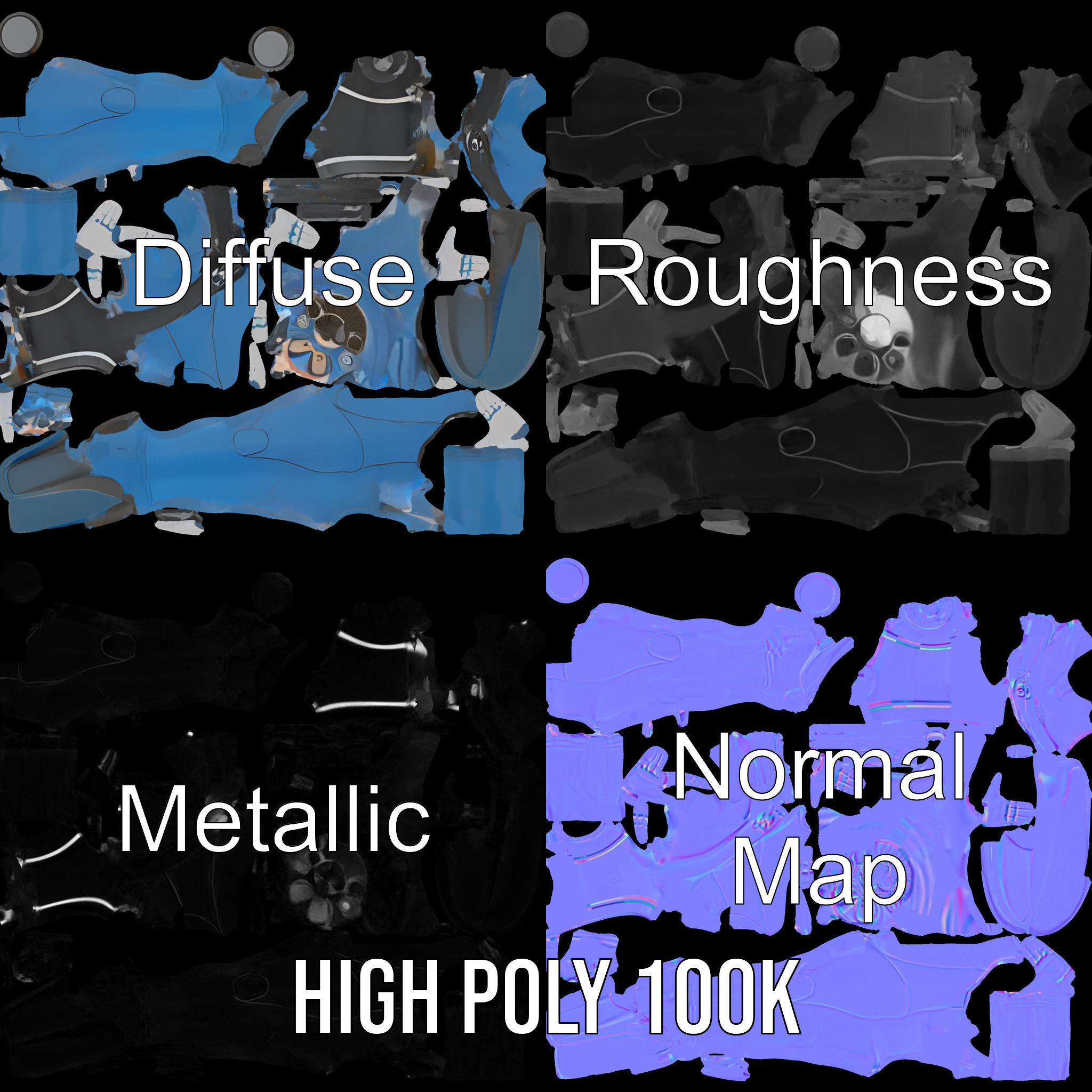 Rigged and Animated Scuba Diver Character Model in Blue Suit Low-poly 3D model_4