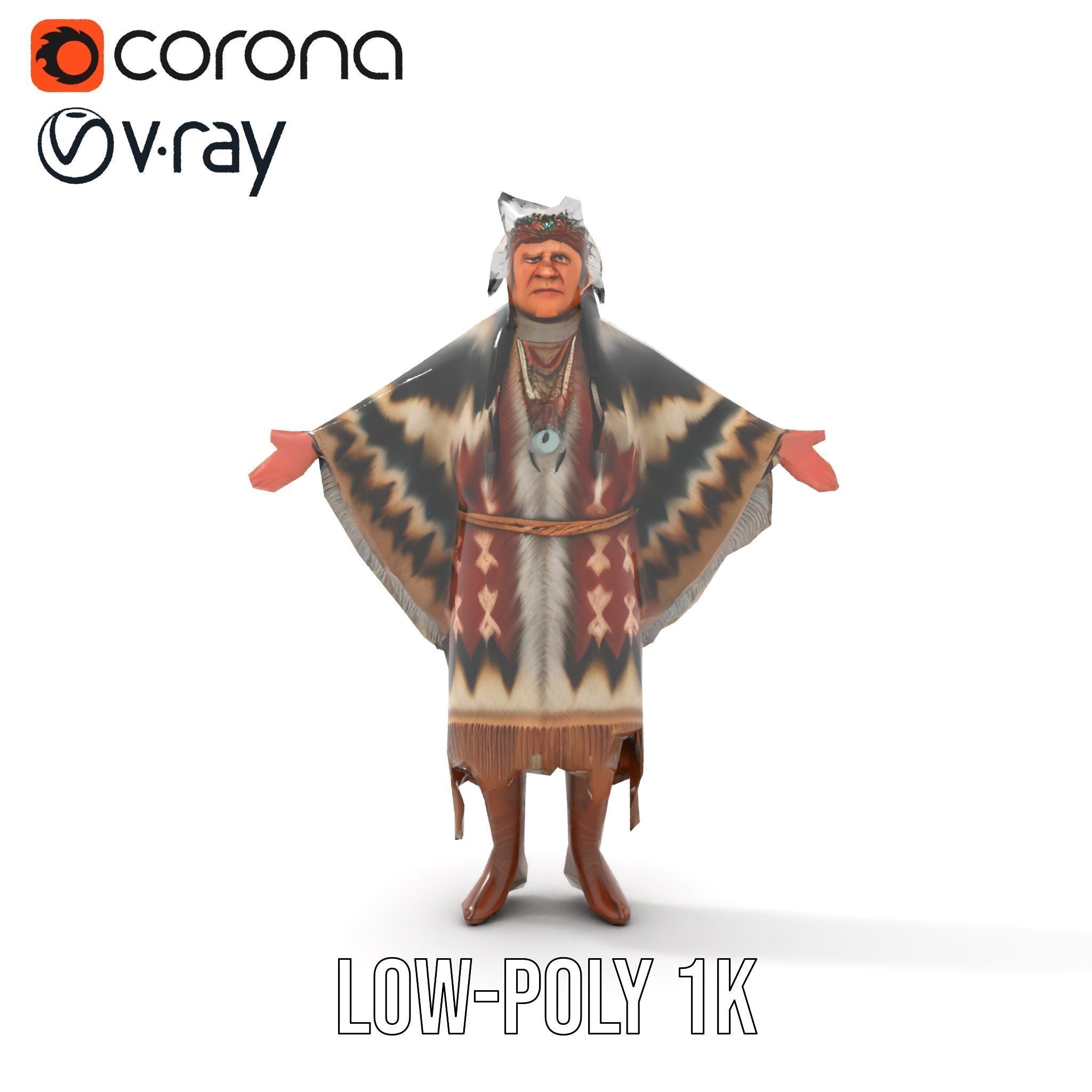 Rigged and animated elder character in traditional attire wit... Low-poly 3D model_8