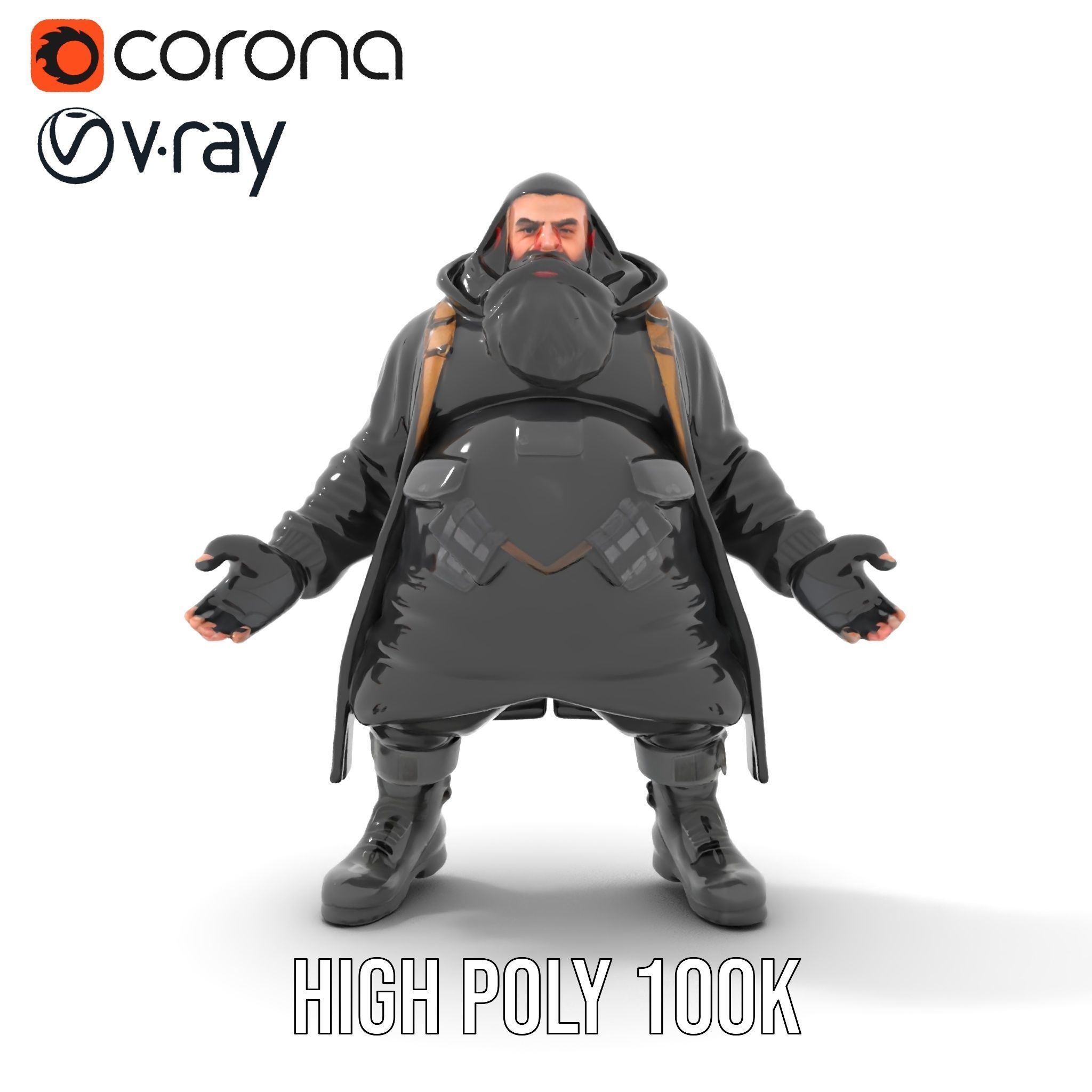 Rigged and Animated Heavyset Hooded Character Model with Beard Low-poly 3D model_21