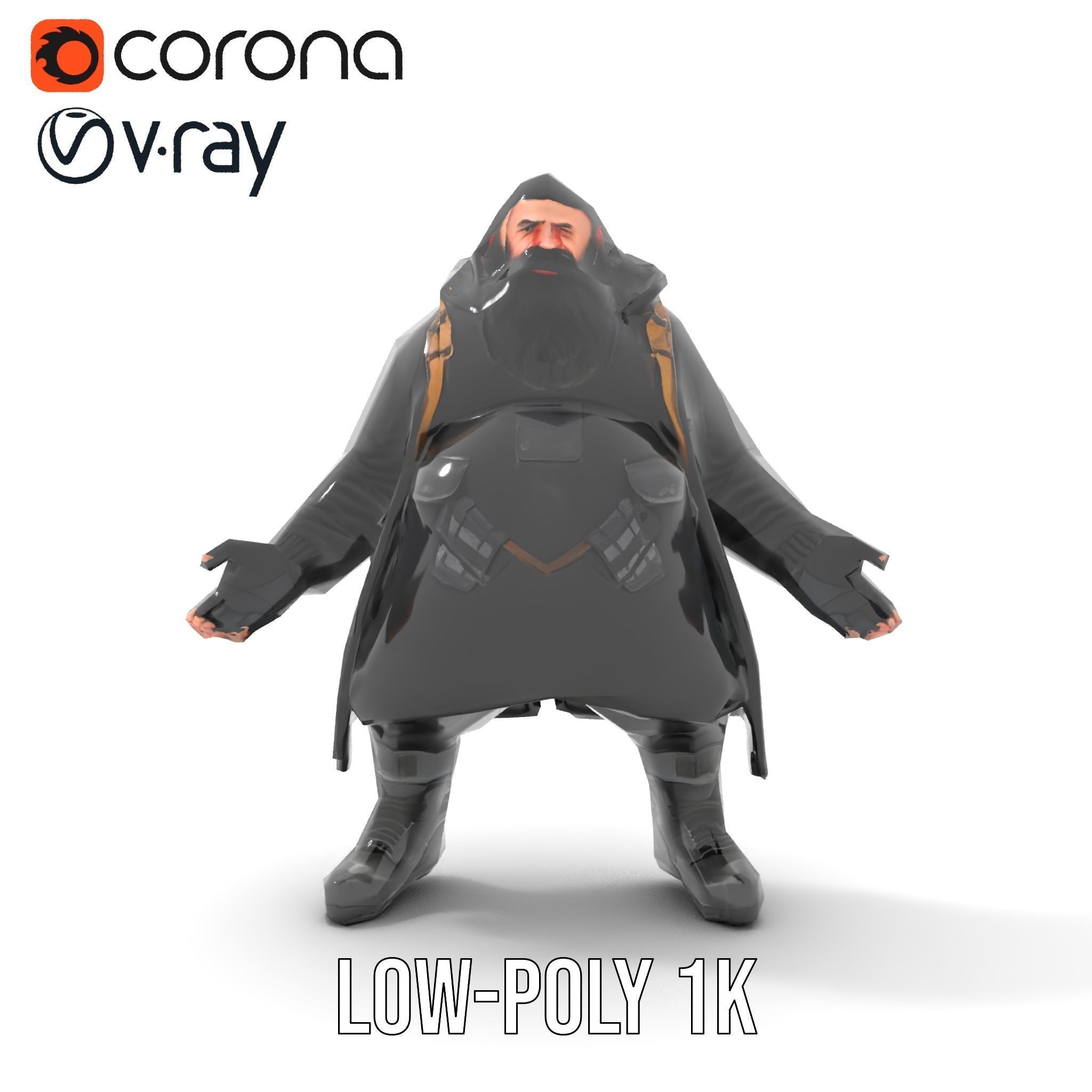 Rigged and Animated Heavyset Hooded Character Model with Beard Low-poly 3D model_31
