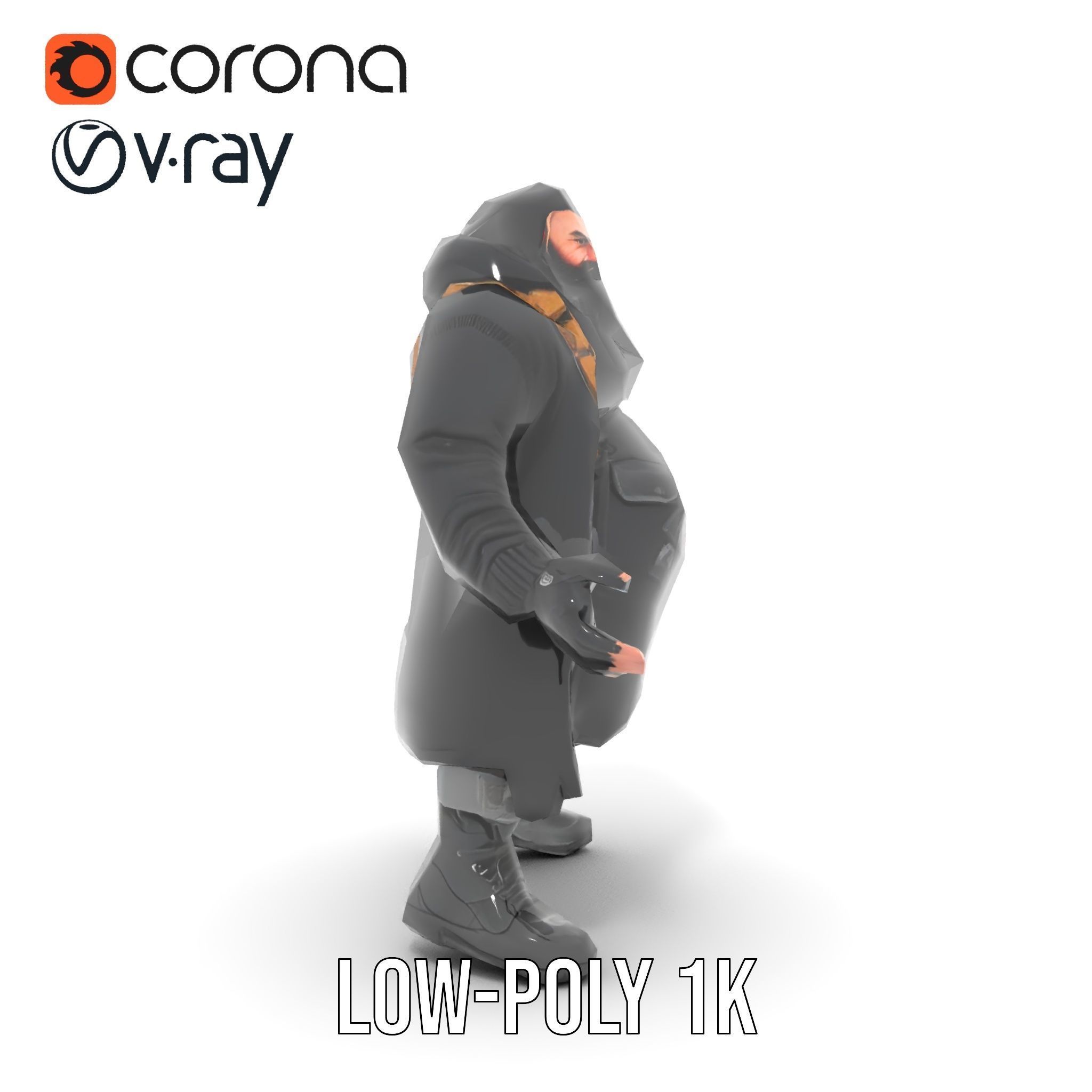 Rigged and Animated Heavyset Hooded Character Model with Beard Low-poly 3D model_28