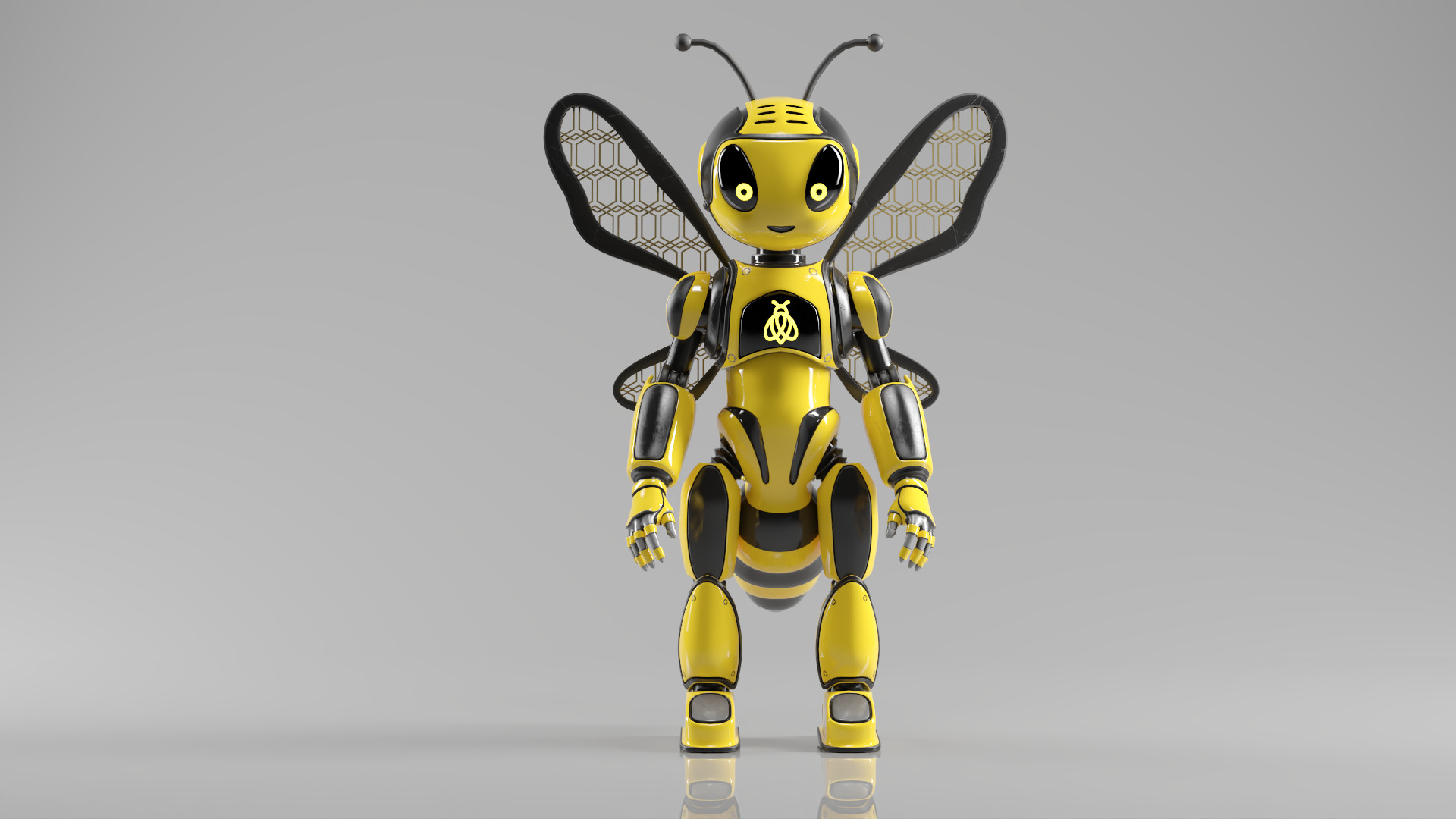 Futuristic Bee Robot Mascot Rigged Character Low-poly 3D model_4