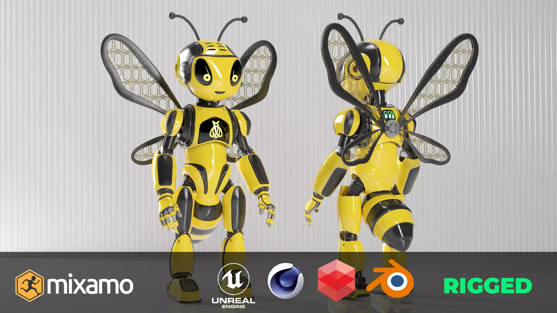 Futuristic Bee Robot Mascot Rigged Character Low-poly 3D model_0