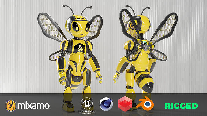 Futuristic Bee Robot Mascot Rigged Character Low-poly 3D model
