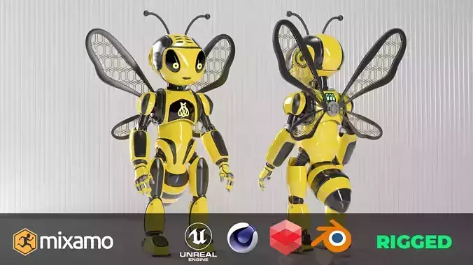 Futuristic Bee Robot Mascot Rigged Character
