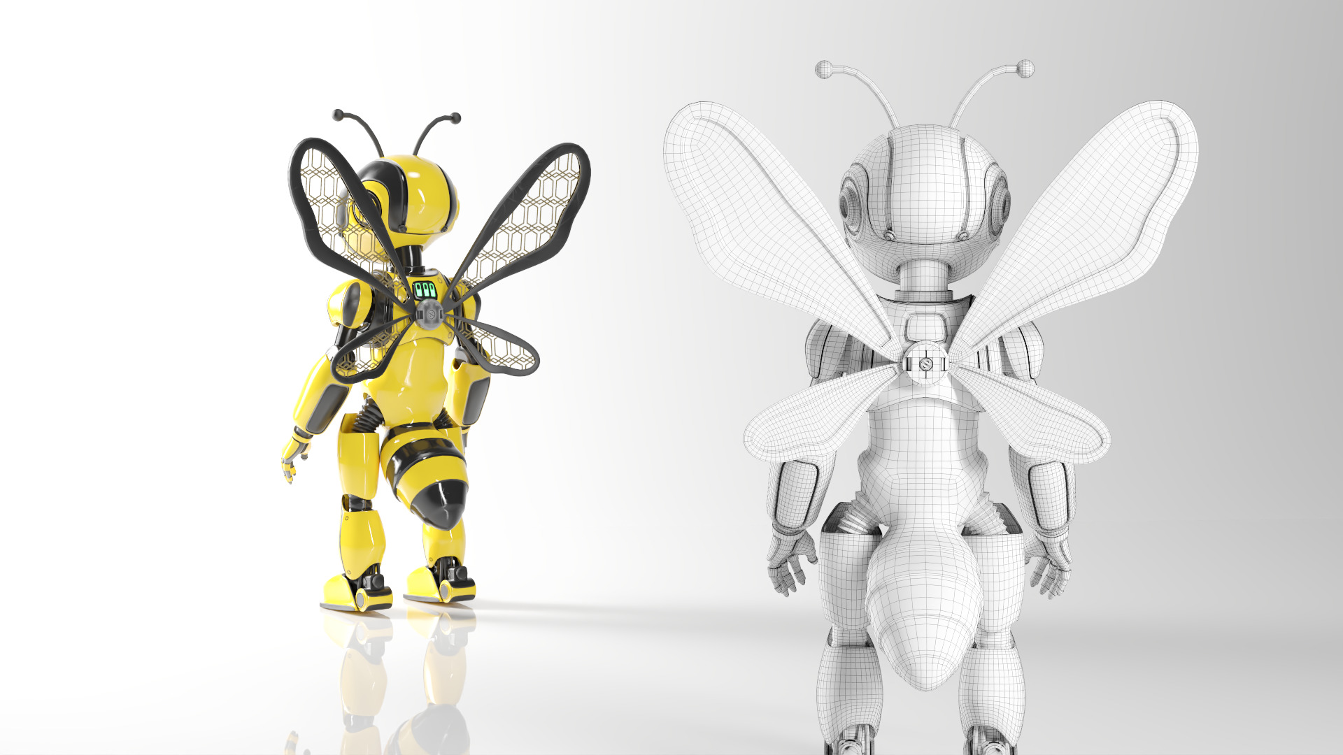 Futuristic Bee Robot Mascot Rigged Character Low-poly 3D model_8