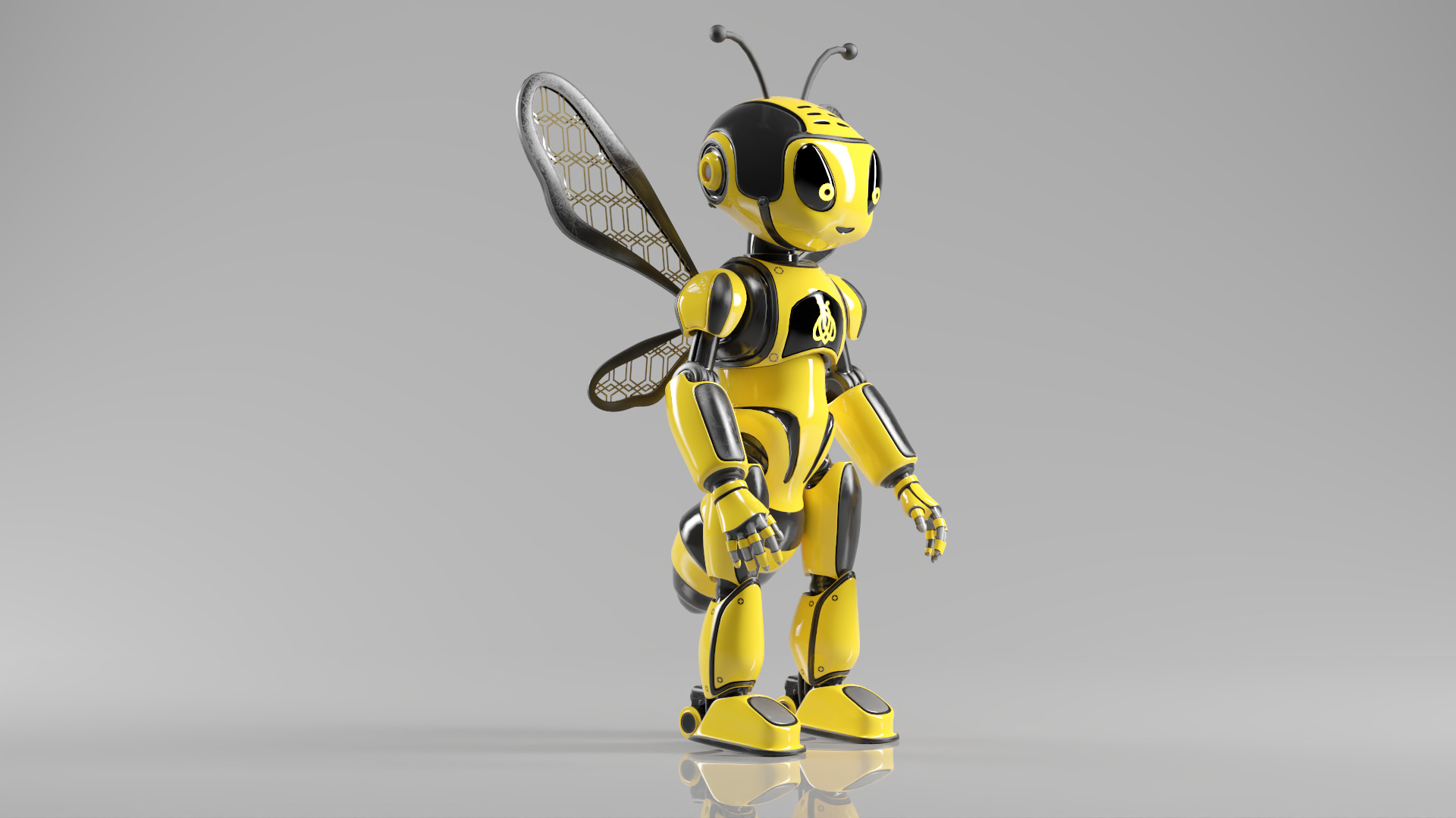 Futuristic Bee Robot Mascot Rigged Character Low-poly 3D model_5
