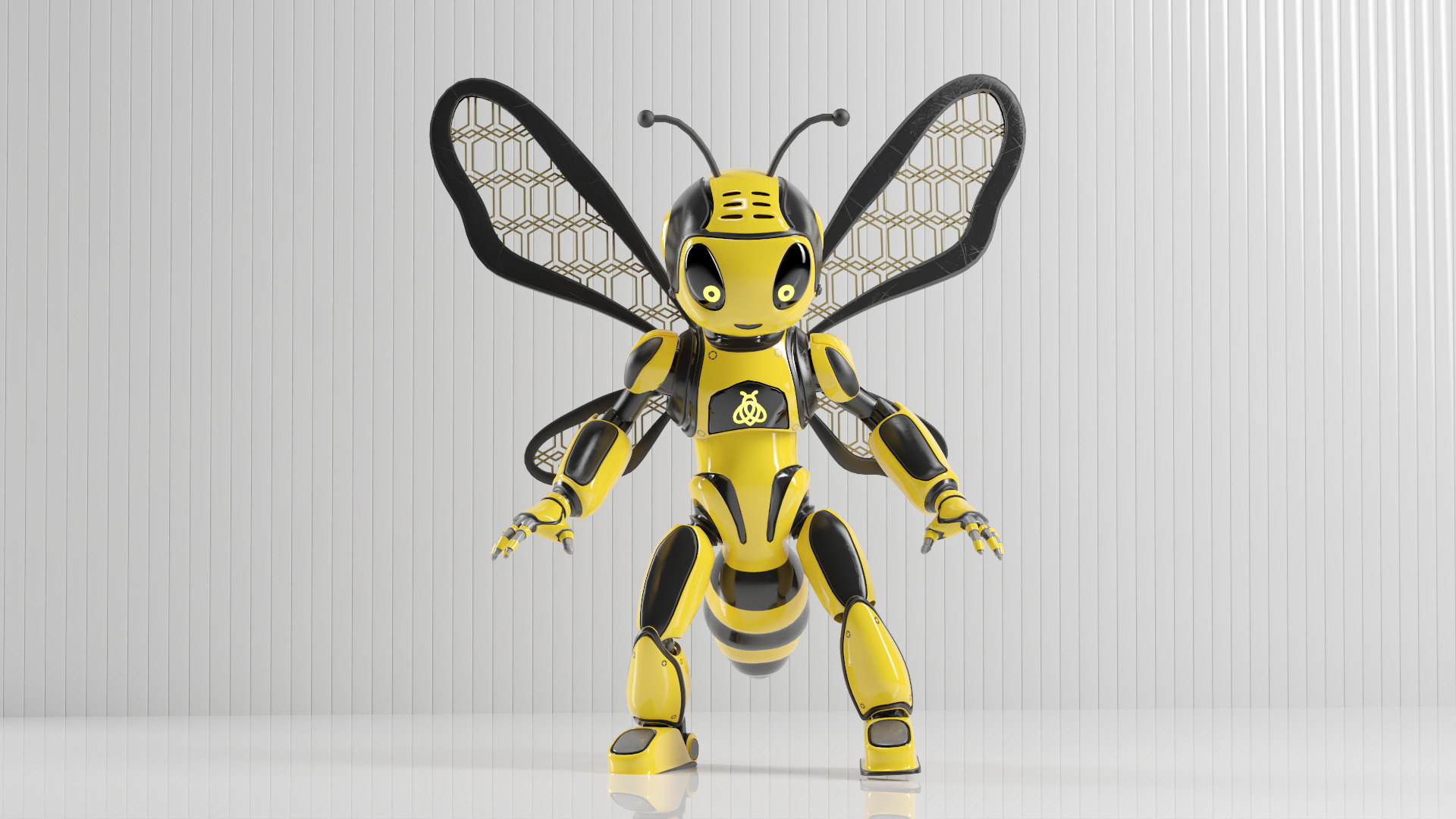 Futuristic Bee Robot Mascot Rigged Character Low-poly 3D model_14