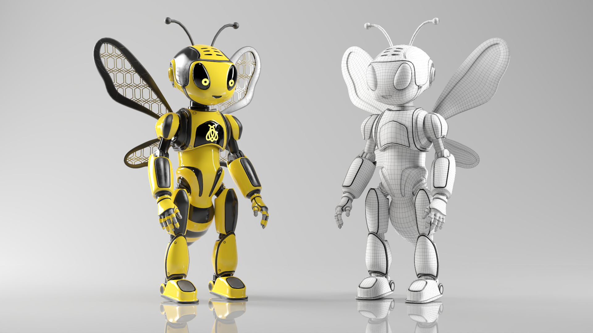 Futuristic Bee Robot Mascot Rigged Character Low-poly 3D model_10