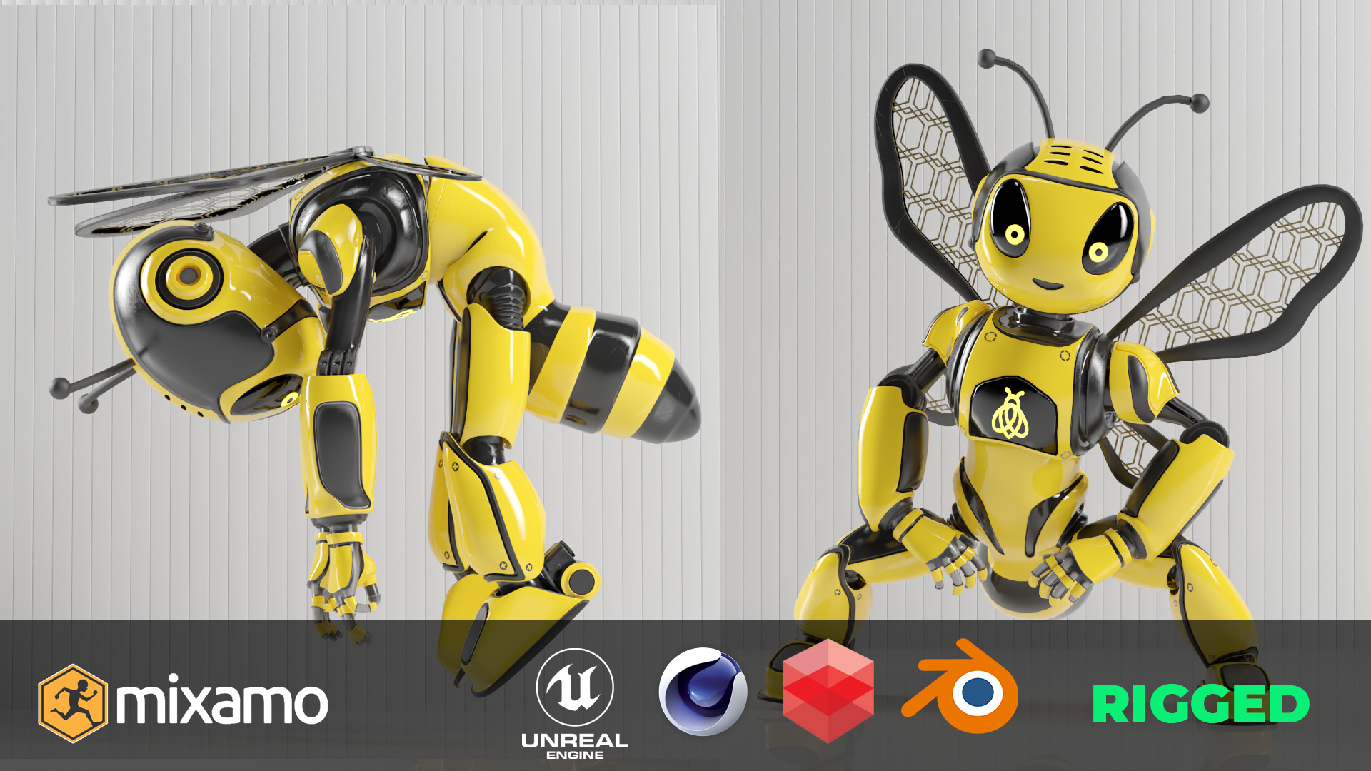 Futuristic Bee Robot Mascot Rigged Character Low-poly 3D model_2