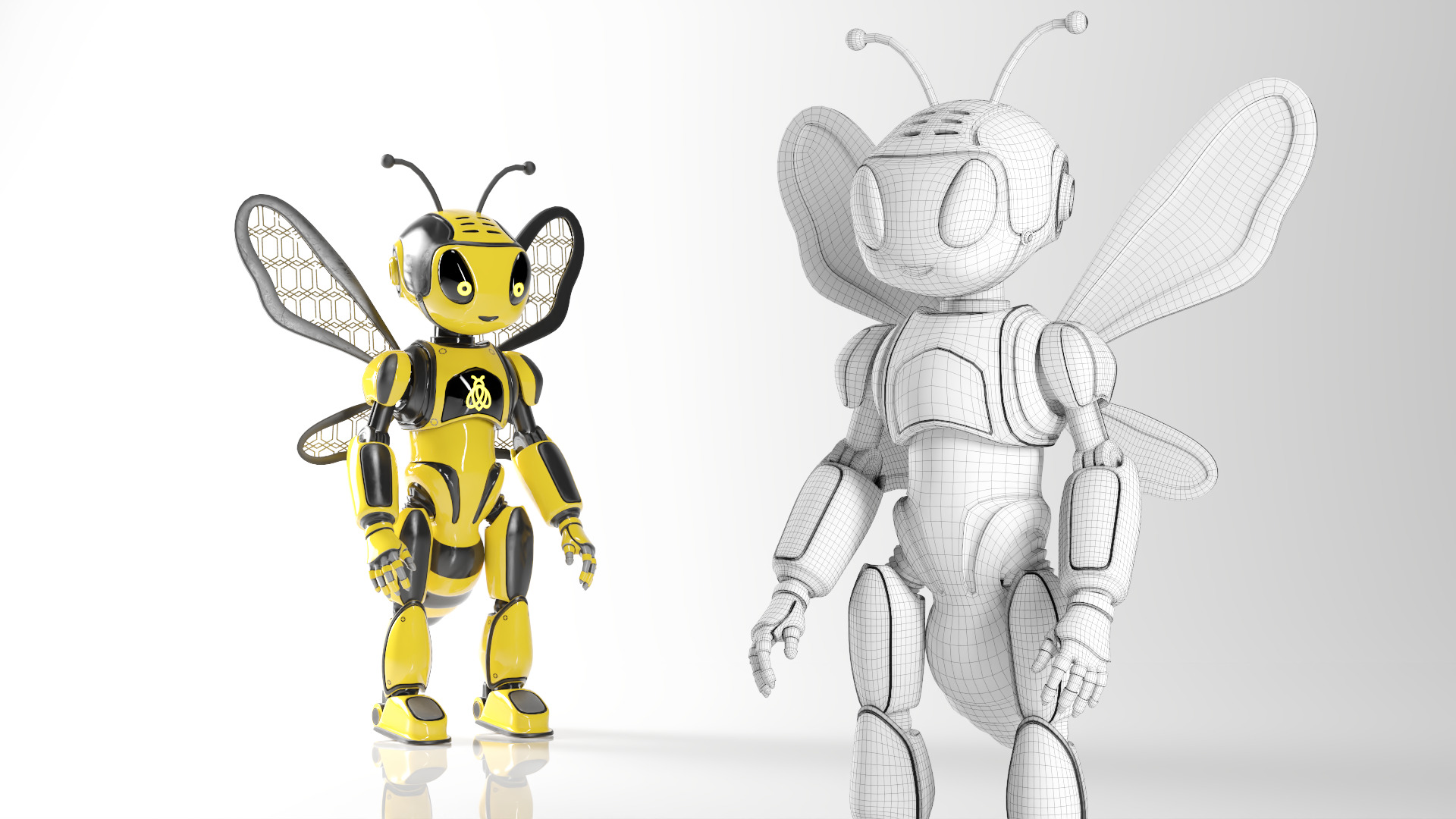 Futuristic Bee Robot Mascot Rigged Character Low-poly 3D model_9