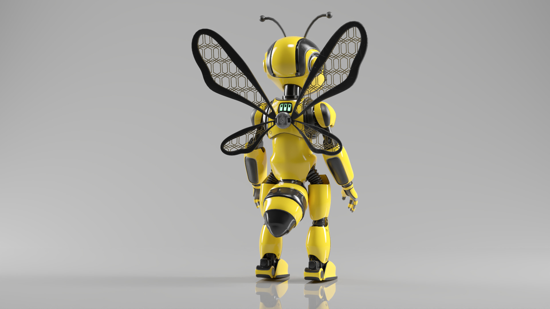 Futuristic Bee Robot Mascot Rigged Character Low-poly 3D model_6