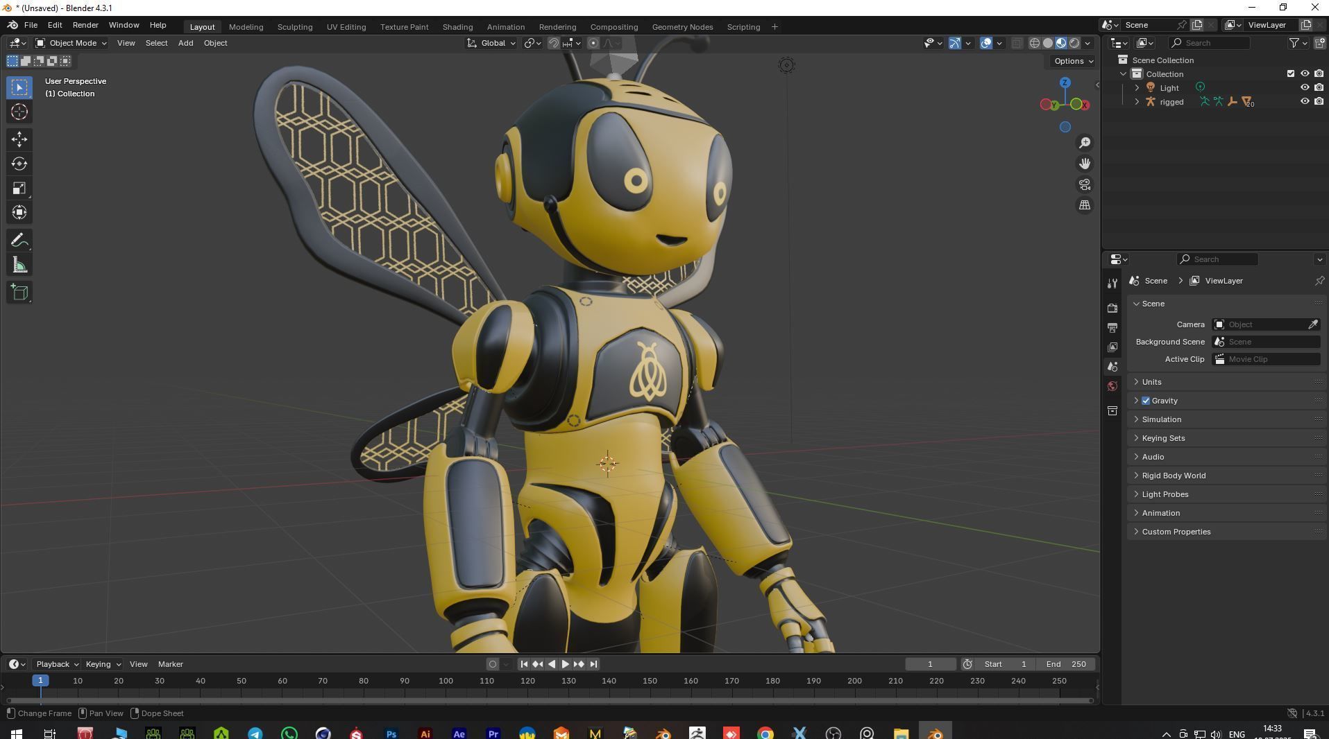 Futuristic Bee Robot Mascot Rigged Character Low-poly 3D model_23