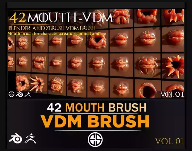42 Vdm Mouth-Character Vdm-Creature Brush-Blender Brush-Vol 01 3D model