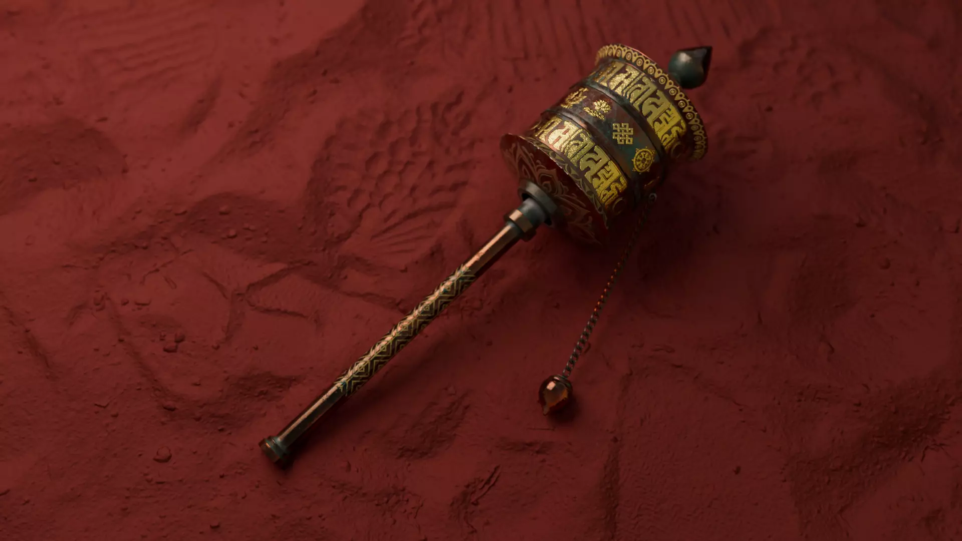 Buddhist hand held prayer wheel Low-poly 3D model_0